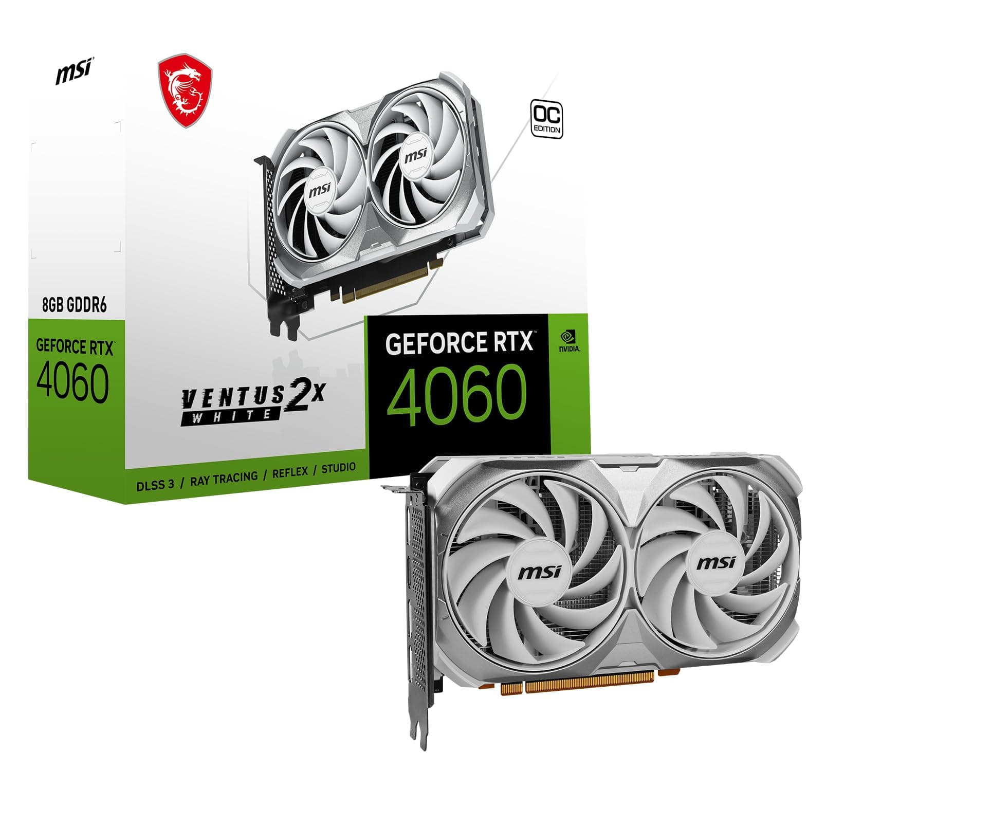 MSI GeForce RTX 4060 VENTUS 2X WHITE 8G OC Graphics Card: PCI Express Gen 4 x 8, 17 Gbps Memory Speed, 8GB GDDR6, 3x DisplayPort, 1x HDMI, 7680 x 4320 Maximum Resolution, Dual Fan - White