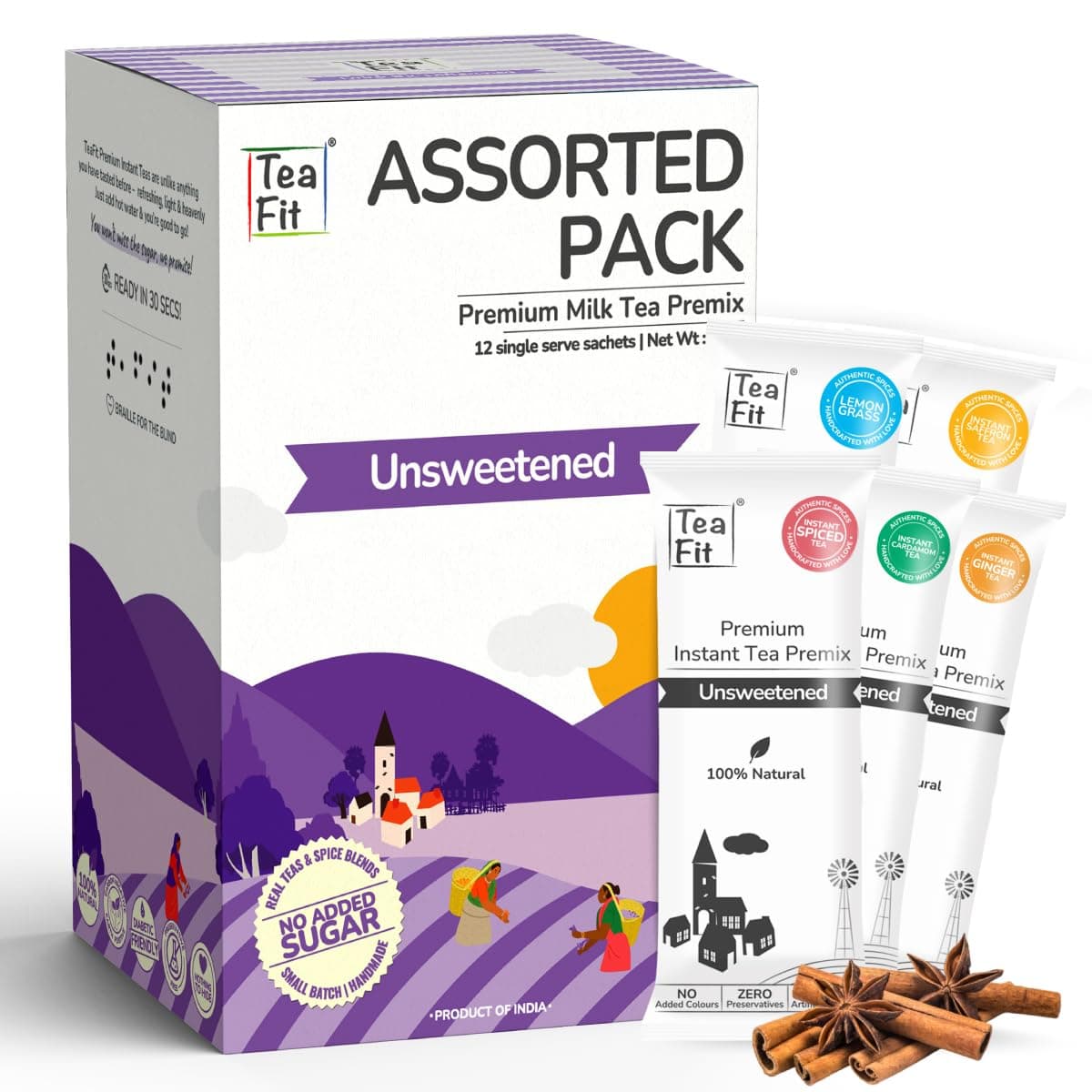 TeaFit Premium ZERO SUGAR Instant Assorted Tea Pack of 20 Sachets (280gm) + Spoon | Ginger-Cardamom-Masala-Saffron-Lemongrass Instant Milk Tea Premix | Diabetic Friendly | Instant Tea Premix Powder