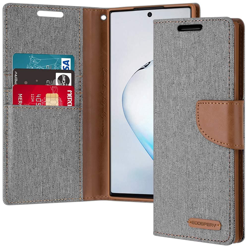 GOOSPERY Canvas Wallet for Samsung Galaxy Note 10 Plus Case (2019) Denim Stand Flip Cover - Grey