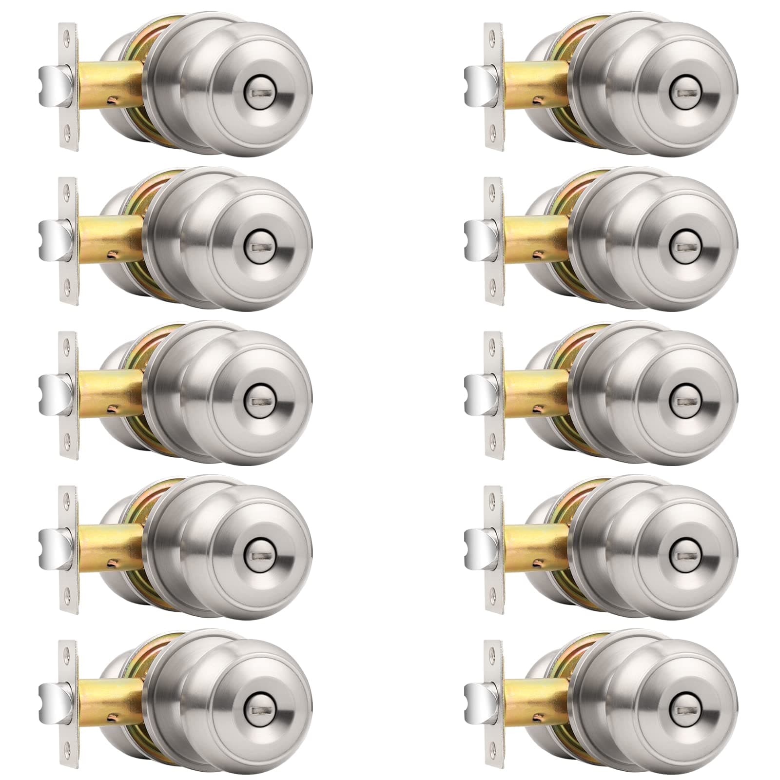 Probrico Brushed Nickel Bed/Bath Door Knobs, Satin Ball Door Knob, Interior Door Knobs for Bedroom Bathroom, Privacy Function, 10 Pack