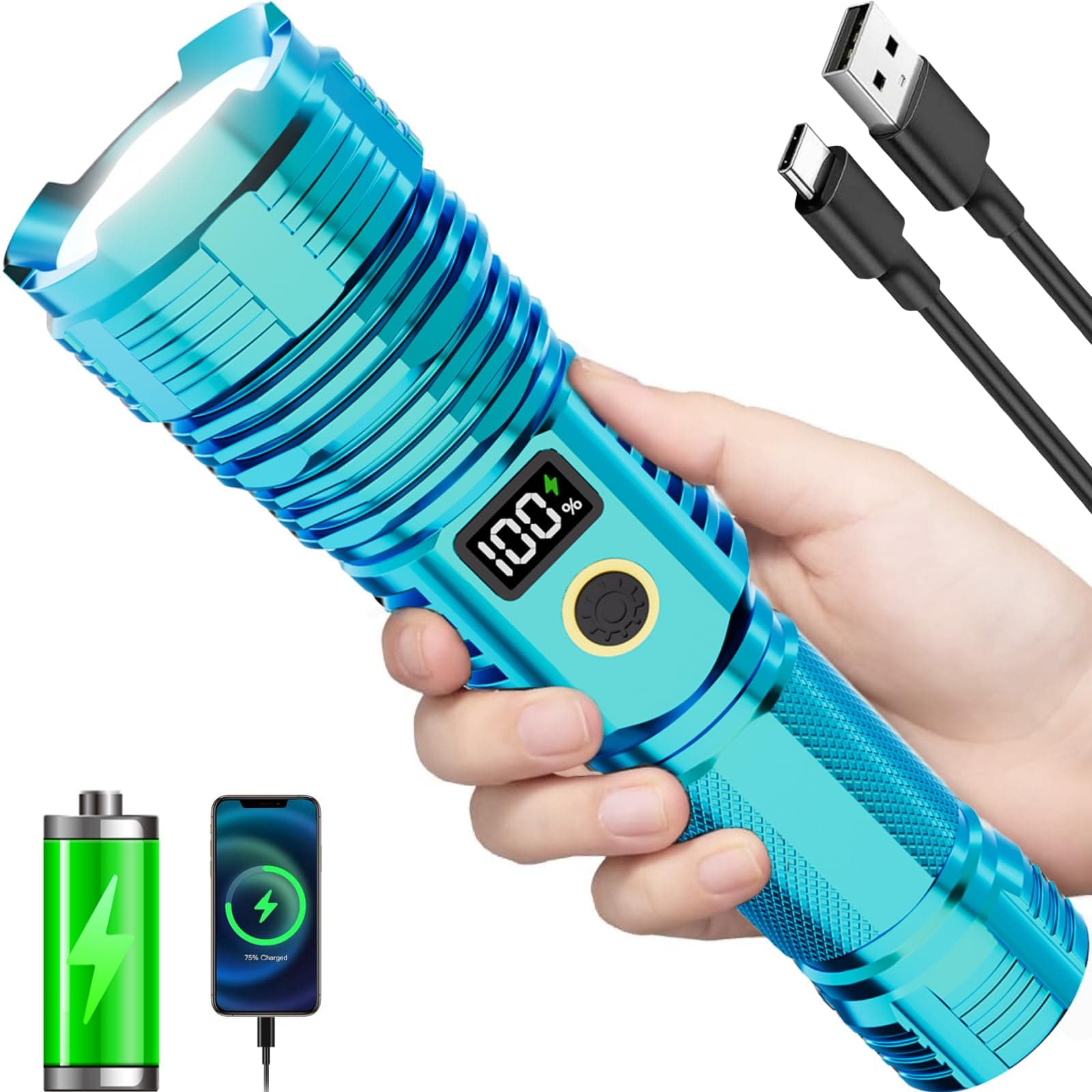 Flashlights High Lumens Rechargeable, LED Super Bright Flash Light Long Beam, Zoomable Linternas with LCD Digital Display, 5 Mode, Waterproof, Powerful Tactical Flashlight for Emergencies Camping Gift