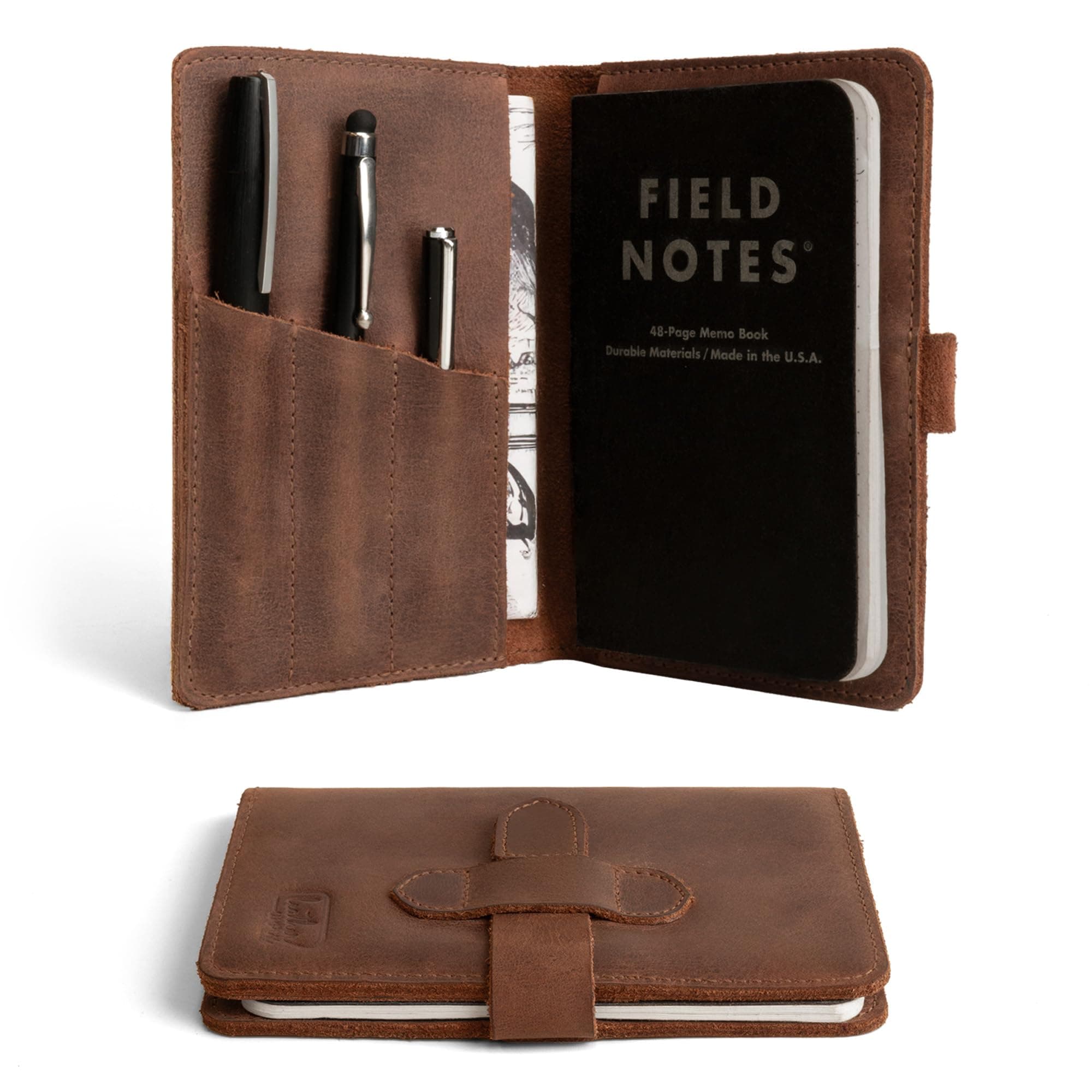 Field Notes Cover (3.5 x 5.5 in.) with Pen Slots Handmade from Full Grain Leather (Notebook Not Included) - Protective Storage for Journal or Notebook - Bourbon Brown