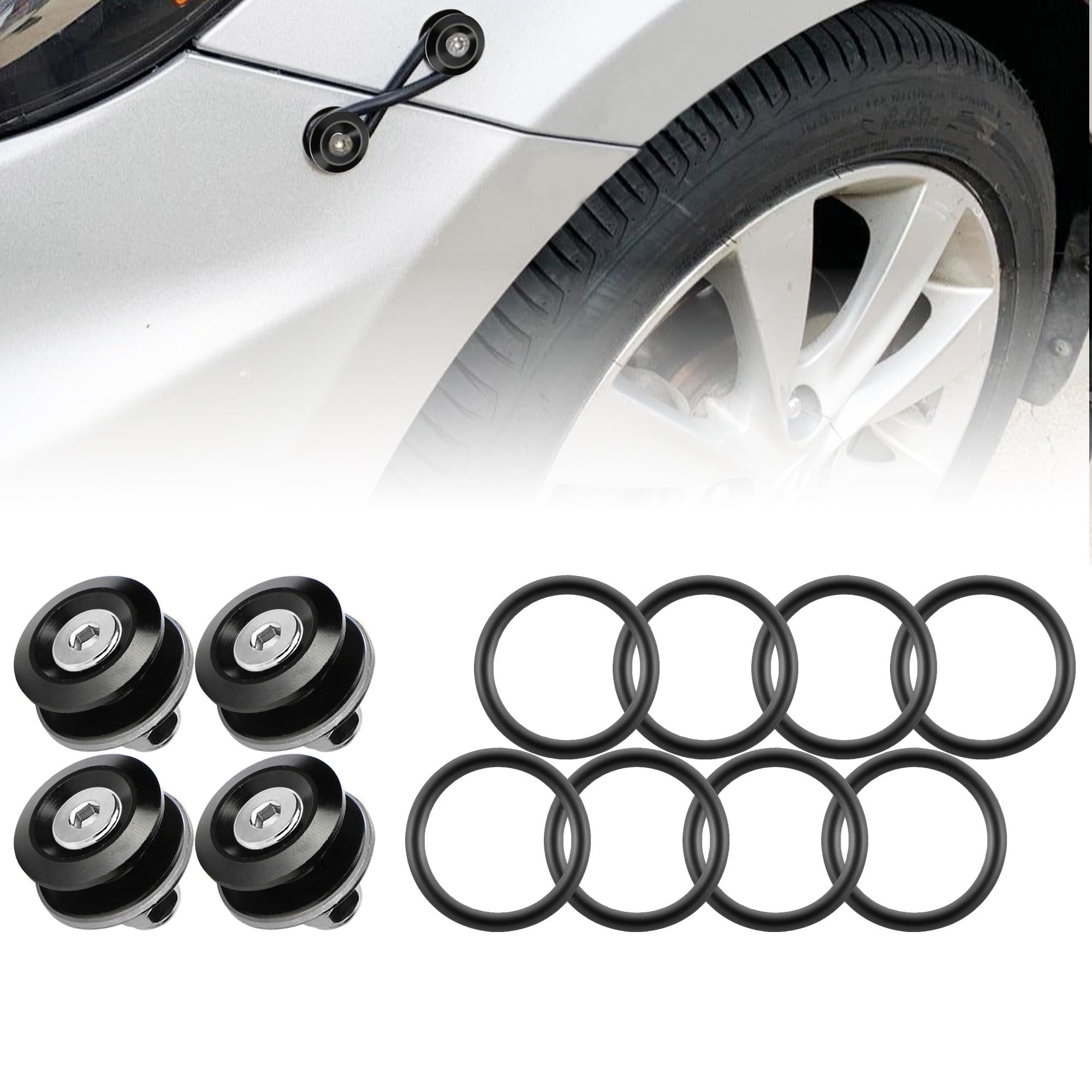 JDM Bumper Quick Release Front Rear Bumper Fasteners, 4 Piece (Black), 8 x O-Ring