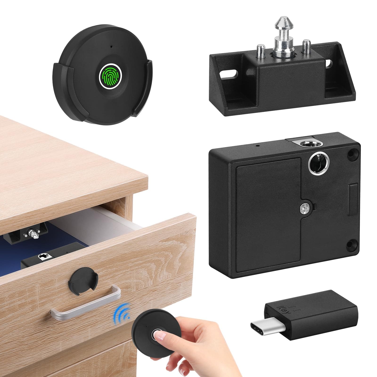 Fingerprint Remote Control Cabinet Lock, Fingerprint Remote Unlocking Within 10m, Hole-Less Lnstallation, Keyless Hidden File Drawer Wardrobe Lock, Lock for Home,Office, Closet Sliding Doors