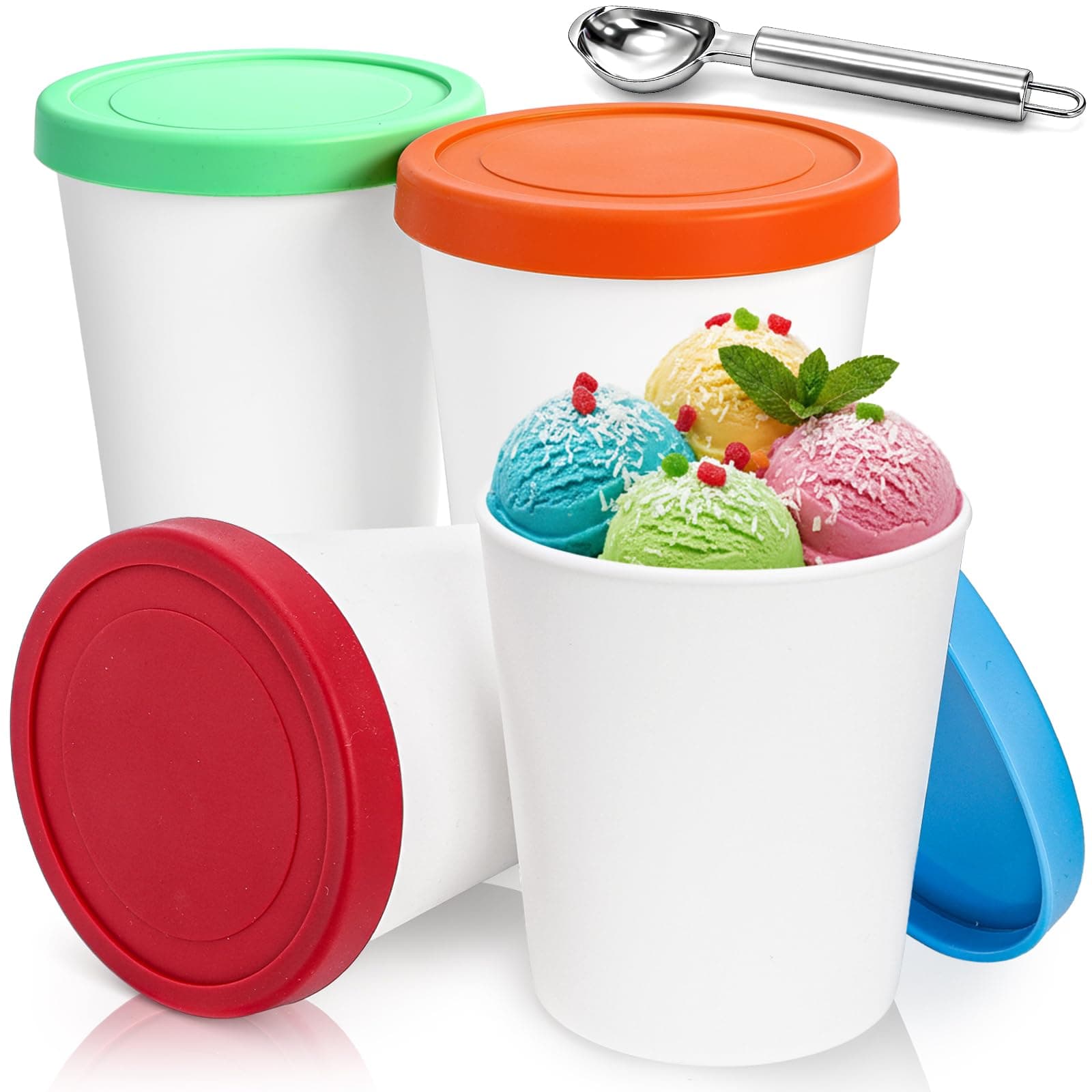 4 Pack Ice Cream Containers with Lid, 1 Quart Reusable Freezer Storage Tubs with Silicone Lids and Spoon for Ice Cream, Silicone IceCream Tubs for Sorbet and Gelato, Freezer Dishwasher Safe