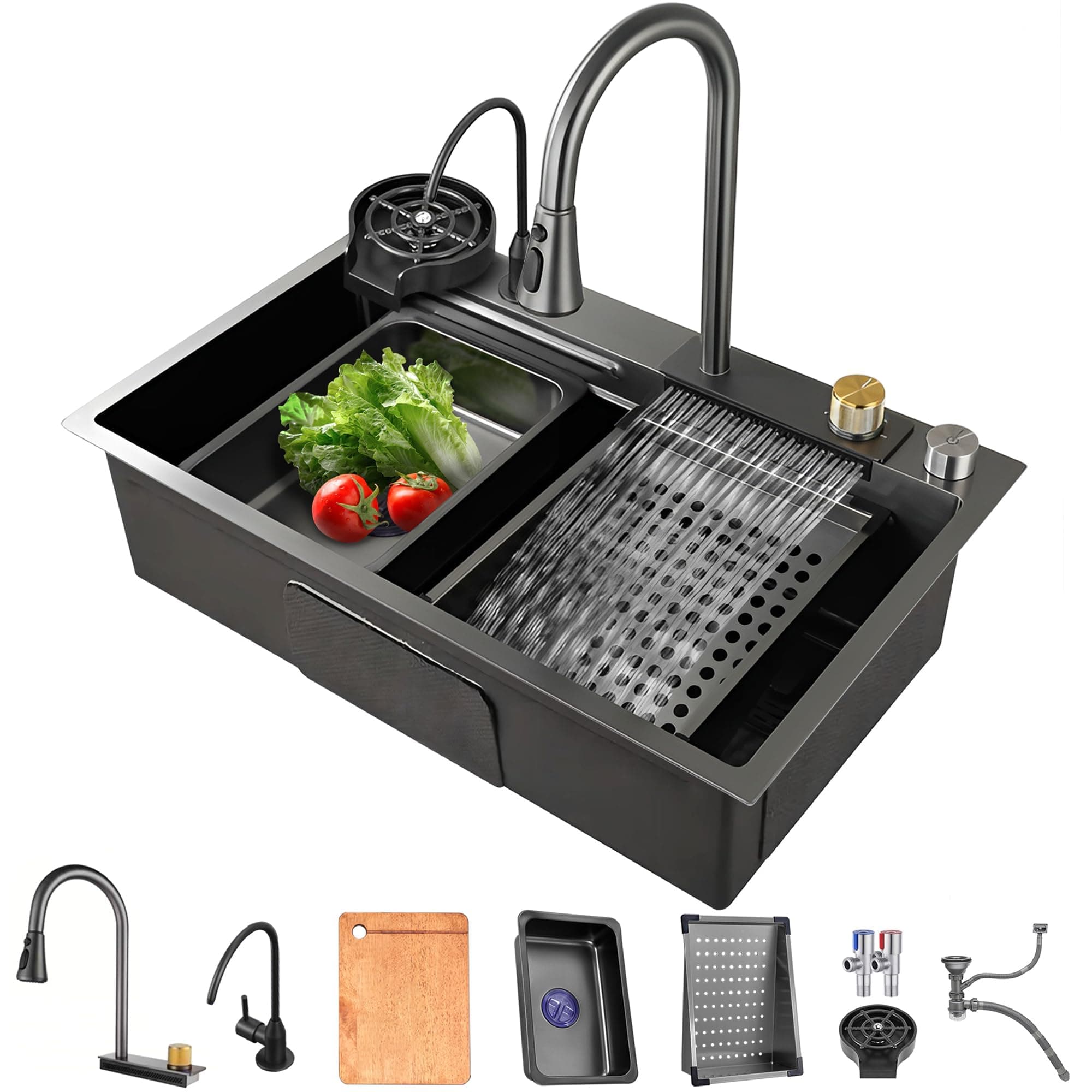 Waterfall Kitchen Sink, 304 Stainless Steel Workstation Sink with Pull Out Mixer Tap Large Single Bowl Sink for Kitchen with Multiple Accessories 75x45cm