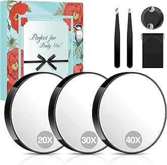 MIYADIVA Magnifying Mirror 40X/30X/20X, 3.5 Inch Round Compact Mirror with Suction Cup, 2Ps Stainless Steel Tweezers, Perfect for Makeup, Eyebrows, Beards, Travel