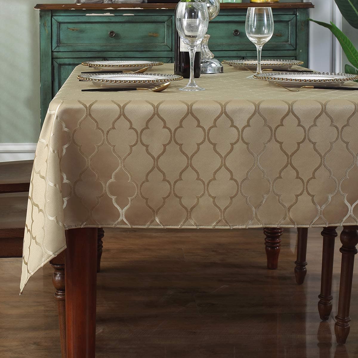 SASTYBALE Jacquard Tablecloth Flower Pattern Polyester Table Cloth Spill Proof Dust-Proof Wrinkle Resistant Table Cover for Kitchen Dining Tabletop Decoration (Square, 52" x 52"(2-4 Seats),Gold)