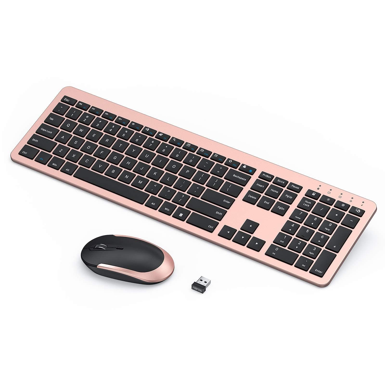 Wireless Keyboard and Mouse Combo, Rechargeable Quiet Keyboard Mouse, Sleek and Ultra Thin Design, Full-Size with Number Pad for Windows, Laptop, PC, Notebook, Desktop (Rose Gold & Black)