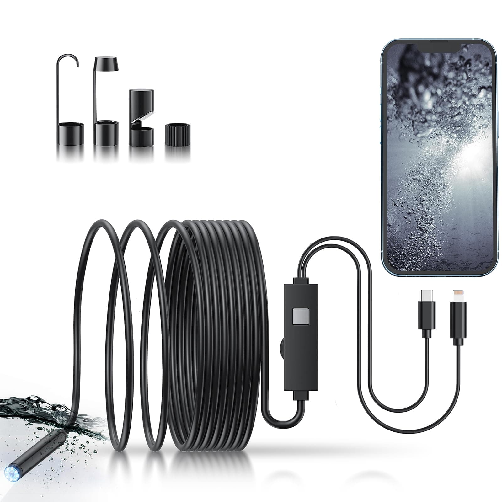 Endoscope Camera with Light, 1920P HD Bore Scope Borescope with 8 Lights, Waterproof 16.4FT Semi-Rigid Cord for Pipe Inspection, Industrial Endoscope for Phones(Black-Dual Line)