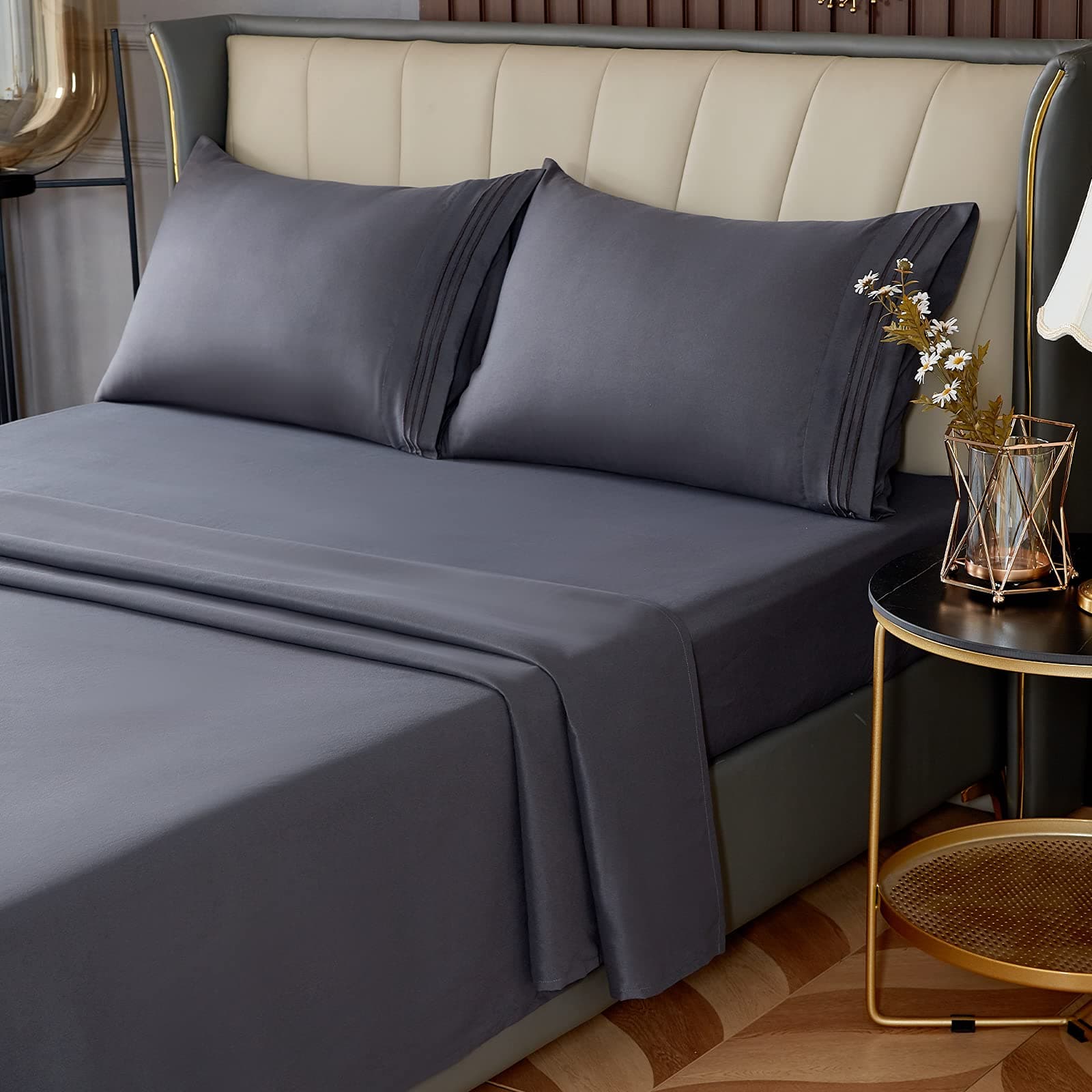 Bed Queen King Sheet & Pillowcases Set - 4 Piece Set - Microfiber with 16" Deep Extra Soft for Hotel Dorm Room, White/Gray