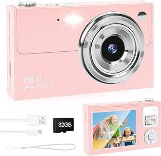 – Digital Camera - 68MP Autofocus with 2.8" LCD Screen 16X Digital Zoom Anti-Shake Photography Vlogging Compact Photo Camera with 32gb SD Card for Kids Students Beginners Teens (All Pink)