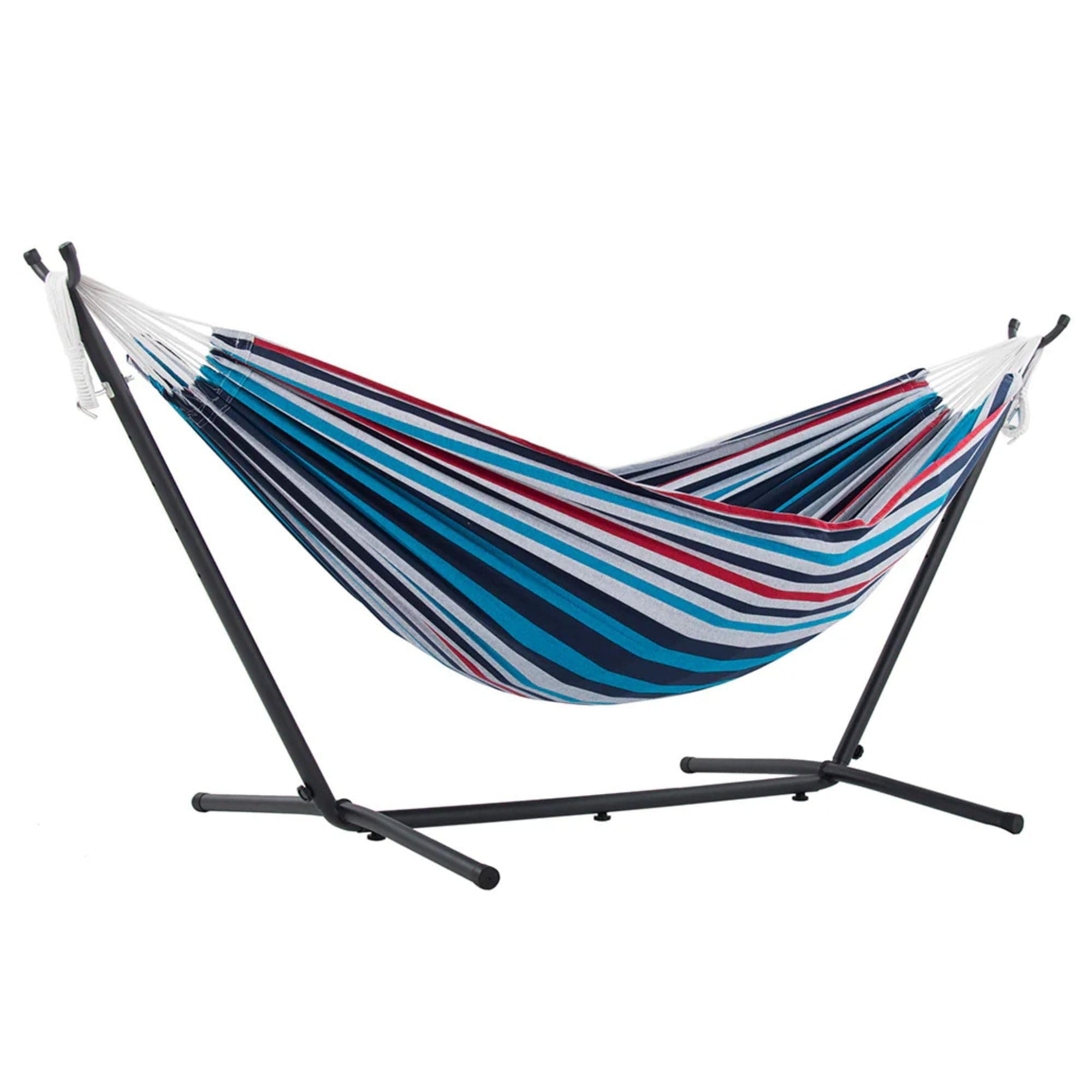 Vivere C9MESH-40 Blue/Orange Mesh Double Hammock with Space Saving Steel Stand
