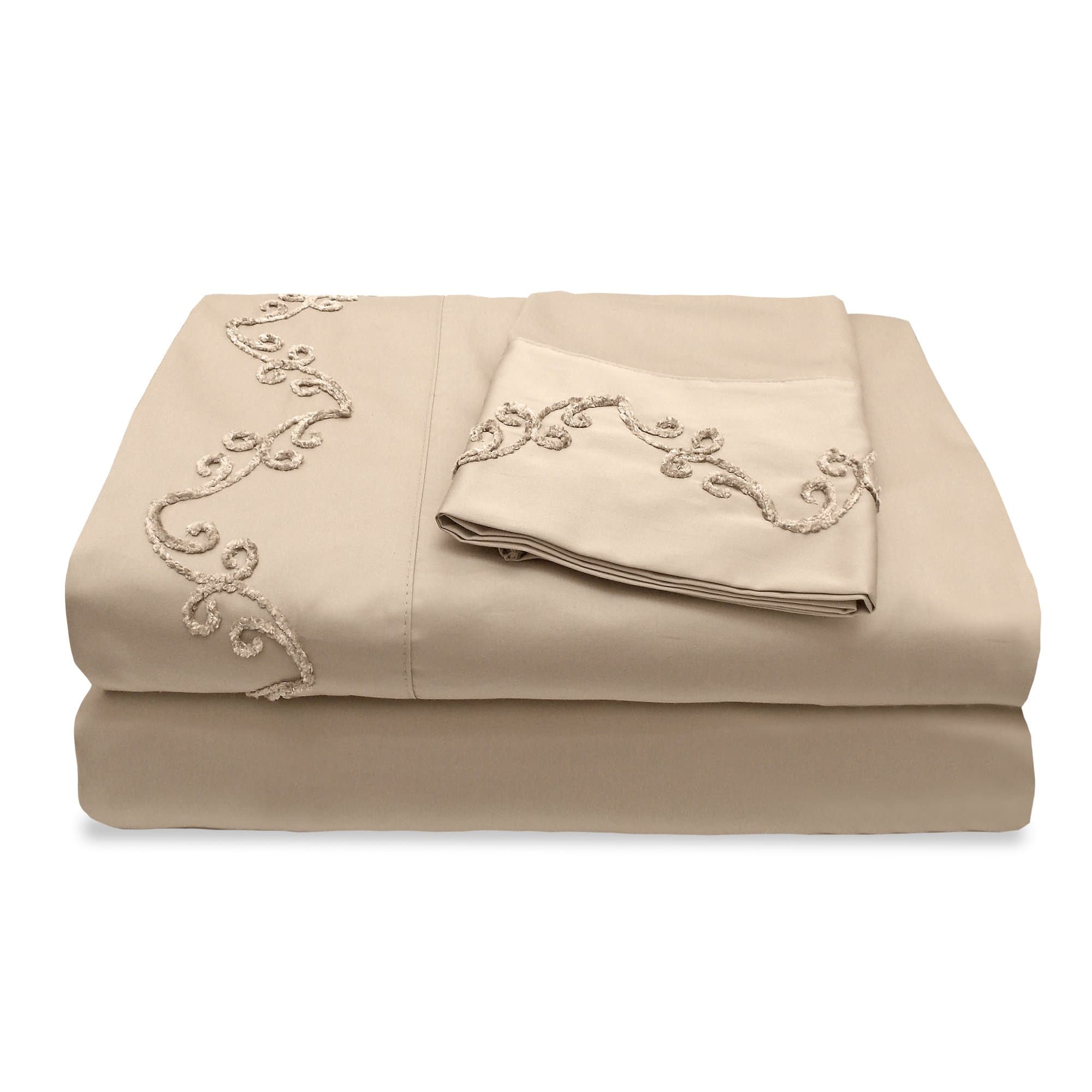 Veratex The Chenille Scroll Collection Contemporary 300 Thread Count 100% Cotton Sateen Pillowcase Pair with Embroidered Design, King Size, Taupe