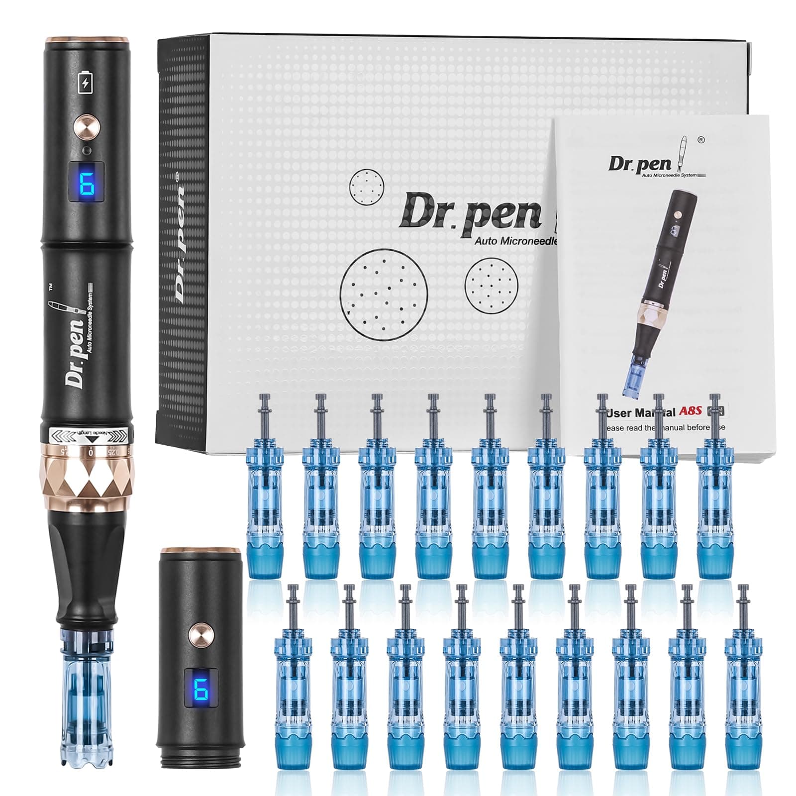 – Dr.Pen A8S, Professional Micro Needling Pen with 18 Pcs 12Pin 36Pin Replacement Needle Cartridges Dermapen, Wireless or Wired Mode 2 Mudules Derma Pen, 6 Speed Levels and 0-2.5 mm Depth Adjustable