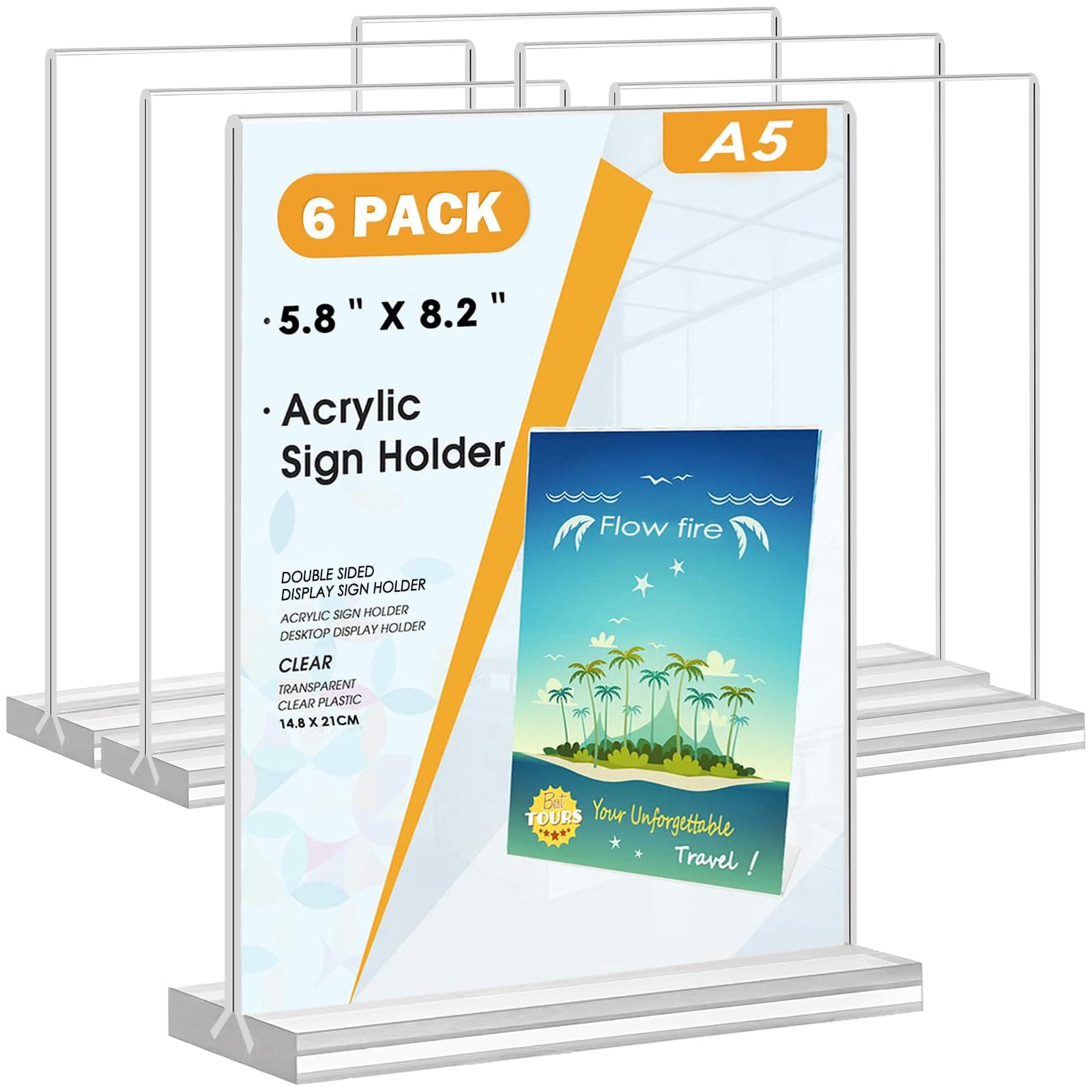 Flow fire A5 Acrylic Sign Holder, 6 Pack T-Shape Perspex A5 Menu Display Stand for Poster, Office Store Restaurant