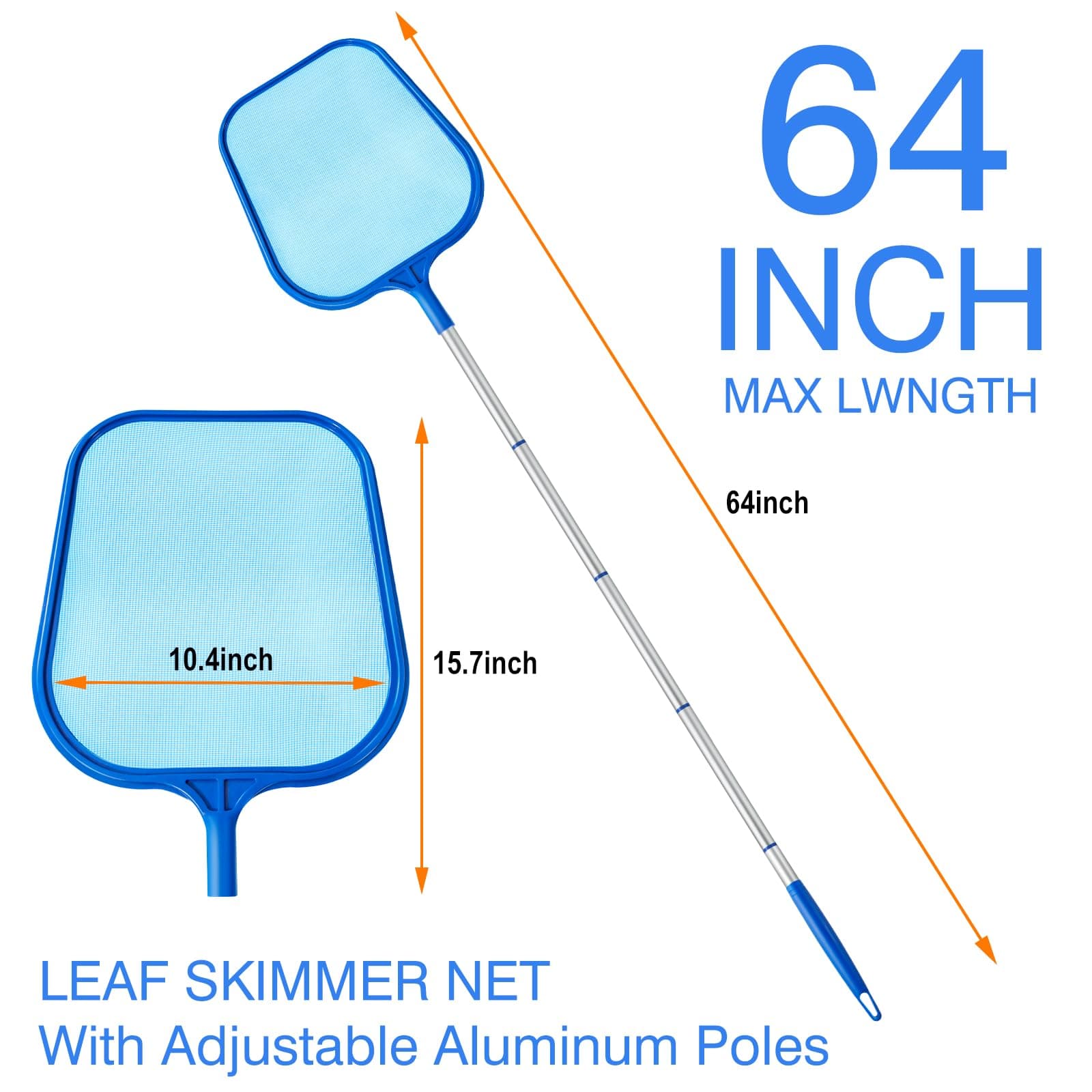 Pool Skimmer - Pool Skimmer Net with 5 Section Adjustable Telescopic Aluminum Pole, 25''- 64'', Pool Net Skimmer Rake with Ultra Fine Mesh, Pool Leaf Skimmer for Swimming Pools, Spas, Hot Tubs