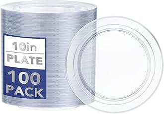 I00000 100PCS Clear Silver Plastic Plates, Clear Plates with Silver Rim, 10 Inch Dinner Plates Premium Party Supply for Wedding Birthdays Party