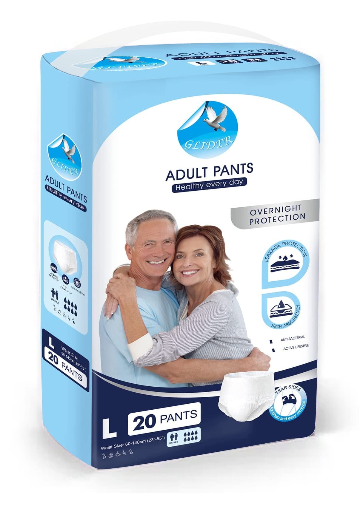 GLIDER Pull Up Pants Adult Diapers L 20 Pcs,Maximum Absorbency with Overnight Protection for Active Men and Women (60-140cm | 23-55 inches)