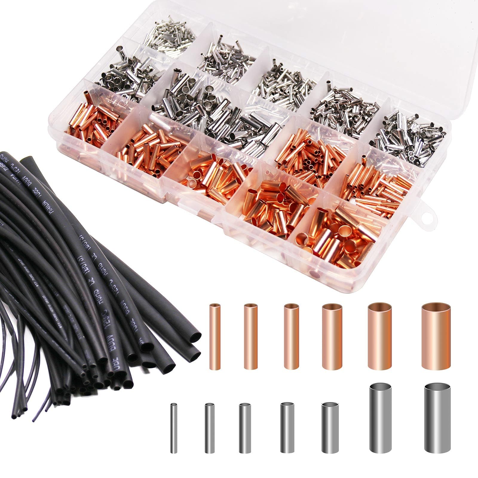 Pastall 970Pcs Wire Ferrules Kit Tinned Copper Crimp Connector Non Insulated Electrical Cable Pin Cord End Terminal Assortment Kit with 48Pcs Heat Shrink Tubing