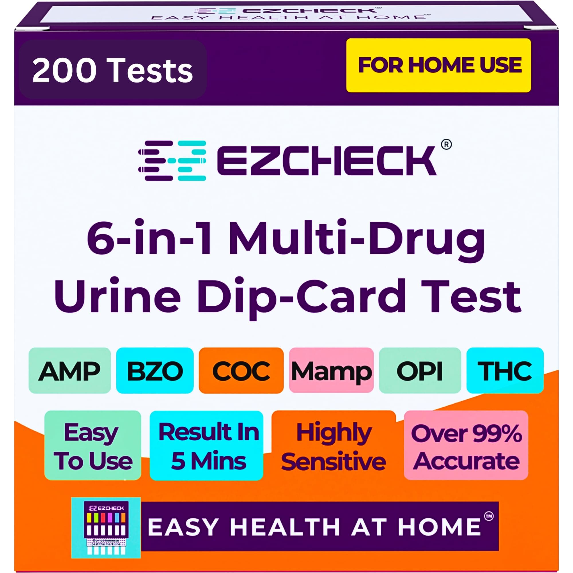 [200 Pack] EZCHECK® 6-Panel Drug Test - at-Home Rapid Urine Screening Kit for 6 Most Used Drugs: (THC-Marijuana, BZO-Benzos, MET-Meth, OPI/MOP-Opiates, AMP-Amphetamine, COC)