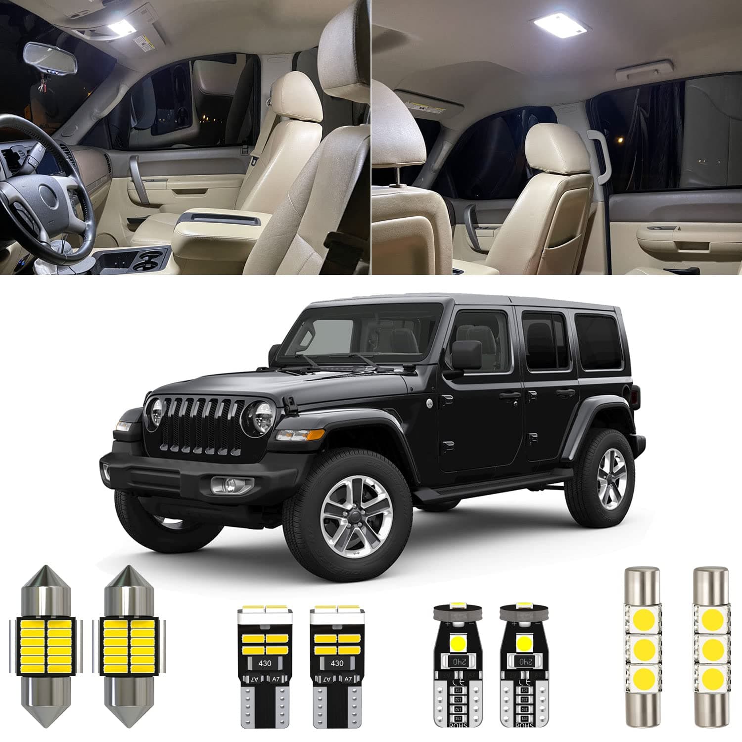 7 Piece White Wrangler Interior LED Light Kit Replacement for Jeep Wrangler JK 4Door 2Door 2007 2008 2009 2010 2011 2012 2013 2014 2015 2016 2017 2018, with Placement Diagram and Install Tool
