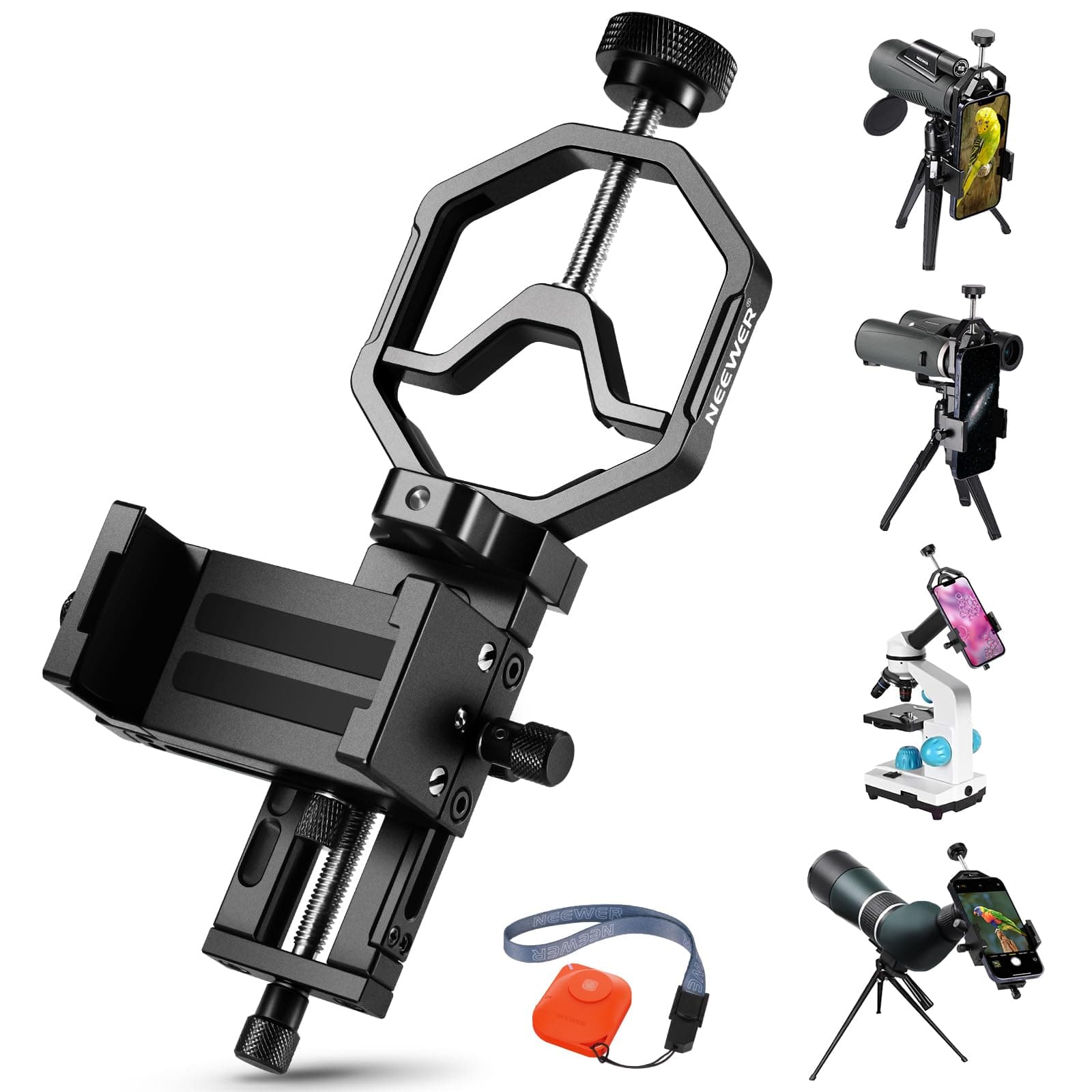 3 Axis Telescope Phone Adapter with Bluetooth Remote & Wrist Strap