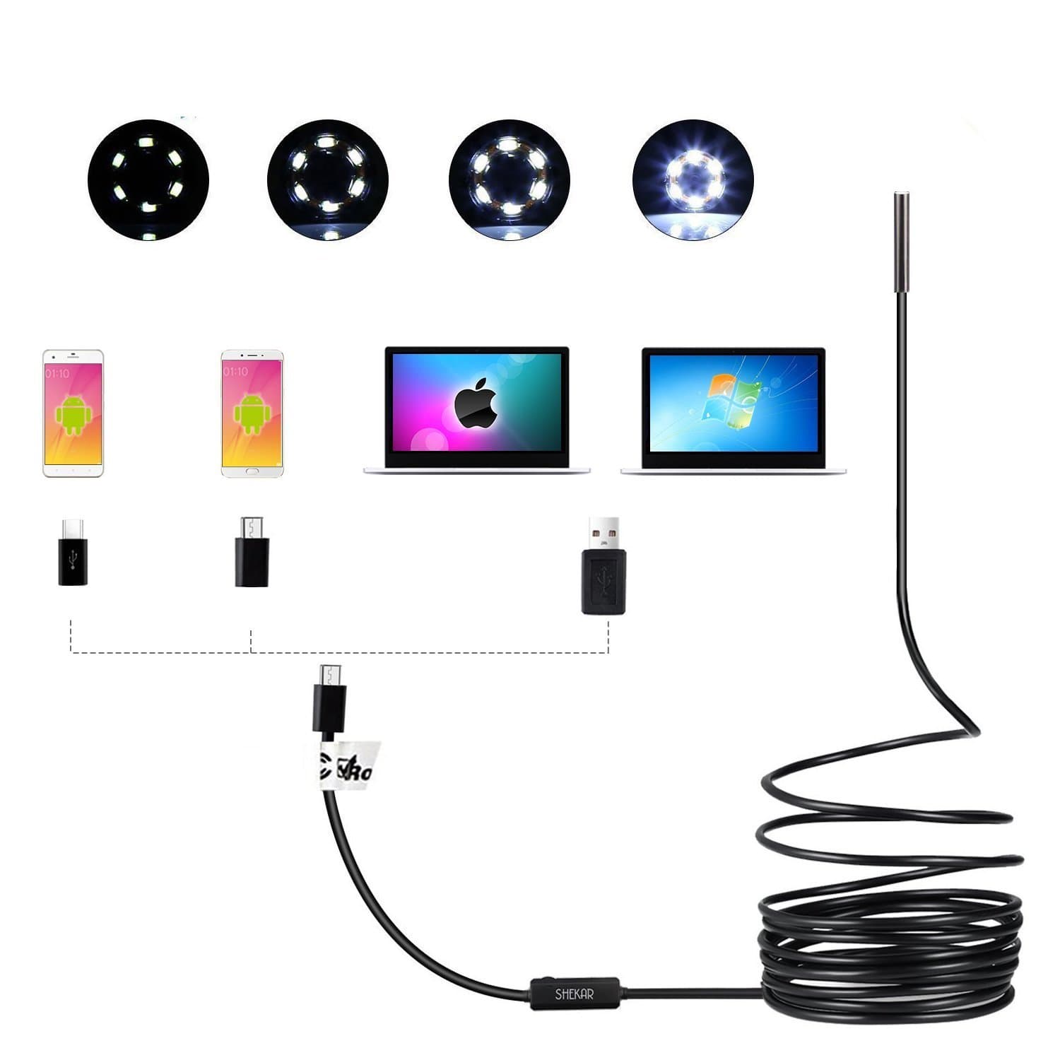 [Upgraded] 0.21 Inch Slim Camera Head USB Endoscope Borescope with Semi Rigid Cable USB Type C Adapter for PC Notebook and Android Device(5M/16.4ft Cable)