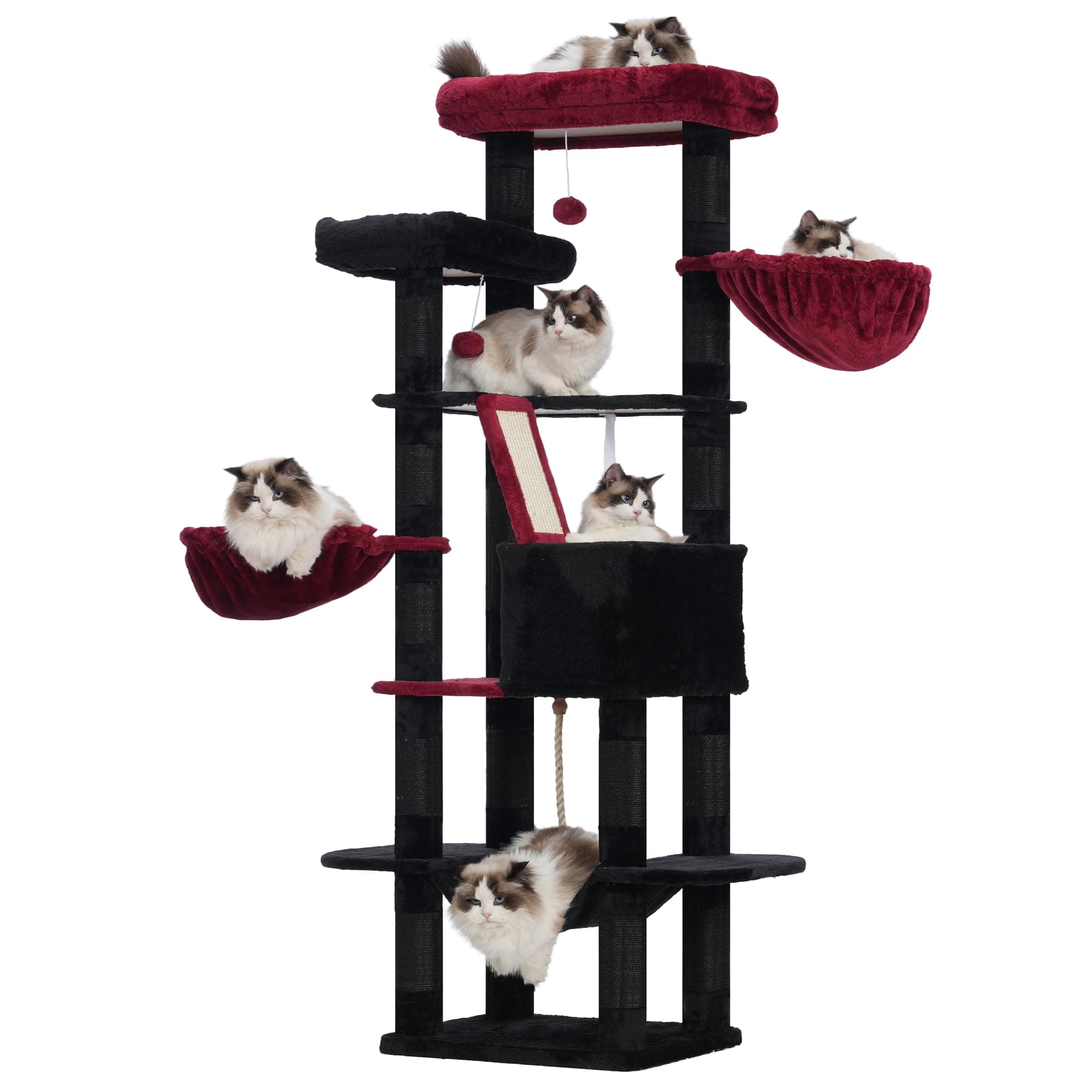 Heybly Cat Tree,68 inch Multi-Level Cat Tower for Indoor Cats,2 Widened Plush Perches Cat Condo with Scracthing Board and Big Caves,Black and Red HCT025BR