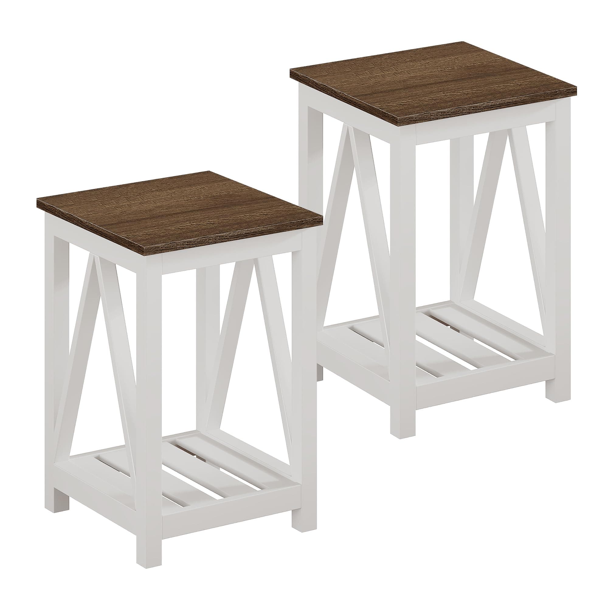 Farmhouse End Table, Rustic Vintage End Side Table with Storage Shelf for Small Spaces, Nightstand Sofa Table for Living Room, Bedroom White 2 Pack