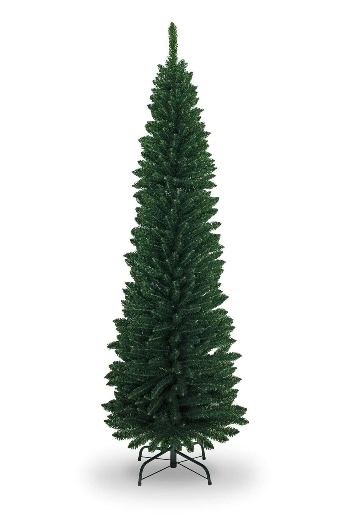 7Ft/2.1m Slim Christmas Tree Artificial Green Pencil Tree 625 Pointed Tips, Metal Stand, Holiday Home Decorations