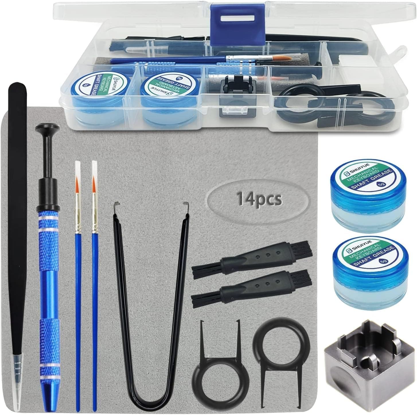 14 pcs Keyboard Lube Kit with Switch Opener/Switch lube/Switch Puller/Transparent box/cleaning cloth/brush for DIY Cherry Mechanical Keycap Keyboard Switches