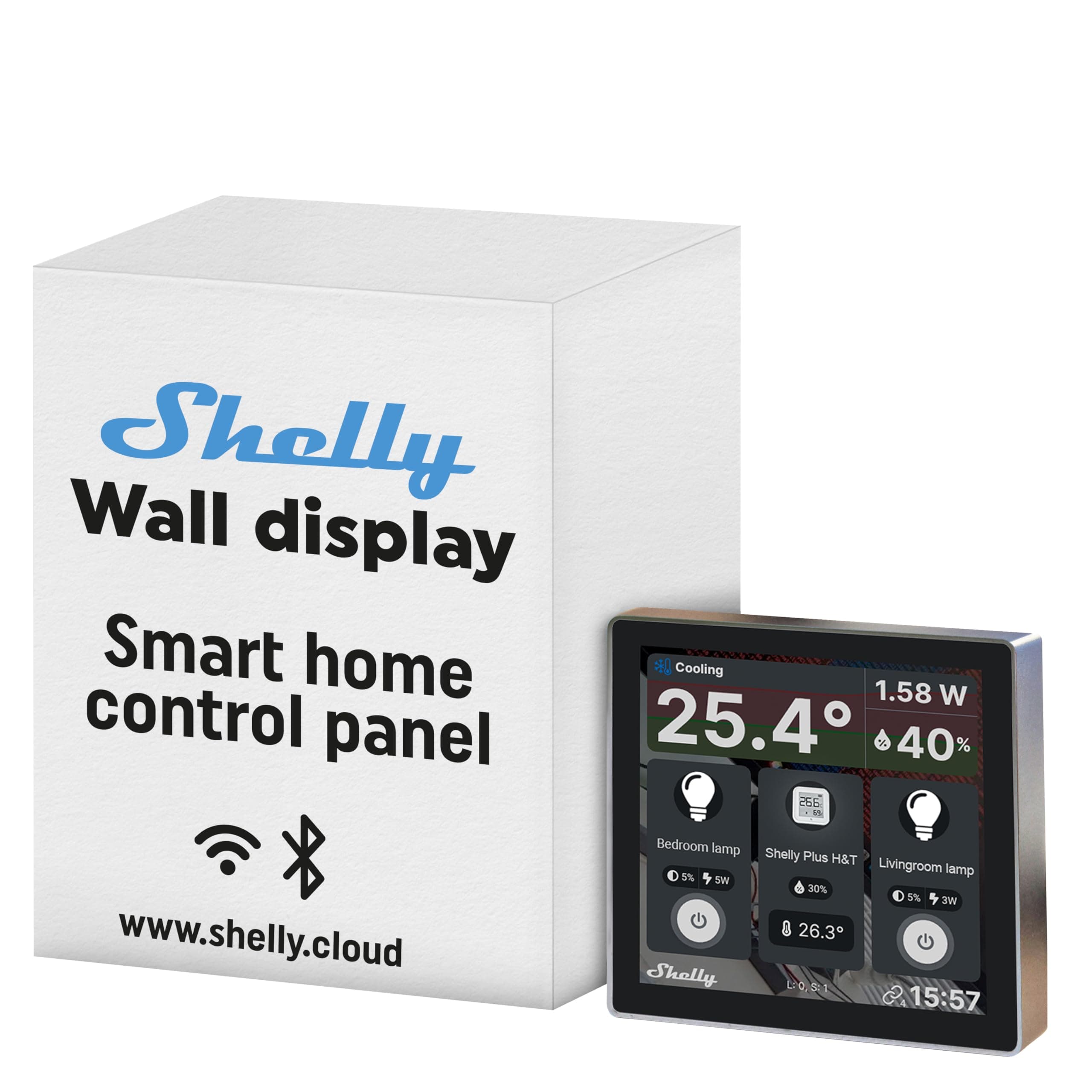 – Shelly Wall Display Black - Wi-Fi & Bluetooth Smart Home Control Panel with Integrated 5A Switch, Colour Display, Home Automation, iOS Android App, Lux Sensors