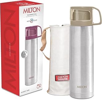 Milton Glassy 1000 Thermosteel Vacuum Insulated Flask with Jacket 1000 ml| 24 Hours Hot and Cold Water Bottle with Cup lid | Double Walled Grey Bottle for Home, Office, Travel