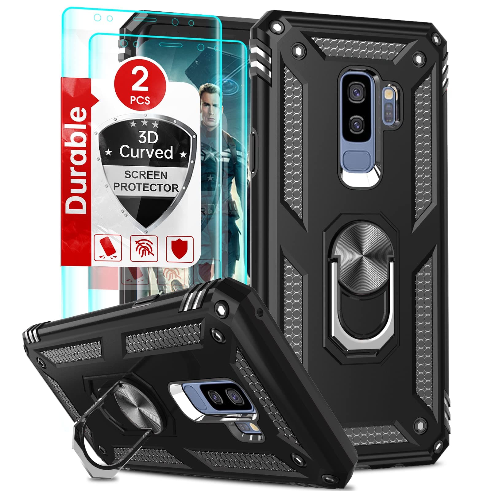 LeYi for Samsung Galaxy S9 Plus Case, Galaxy S9+ Plus Case with [2 Pack] 3D Curved Screen Protector, [Military-Grade] Magnetic Ring Stand Protective Phone Case Covers for S9 Plus [NOT FIT S9], Black