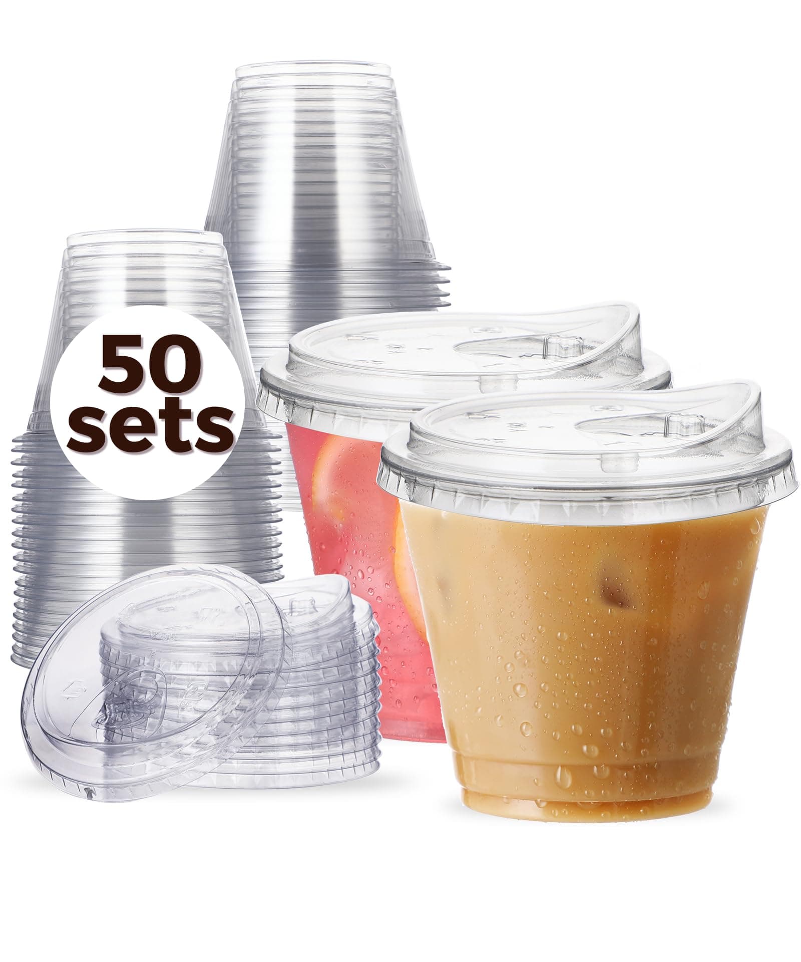 9 oz Clear Plastic Cups with Strawless-Sip-Lids, 50 Sets Disposable Cups Plastic Iced Coffee Cups, To Go Cups with Sip Through Lids for Smoothie, Milkshake, Cold Drinks for Party, Wedding, Event