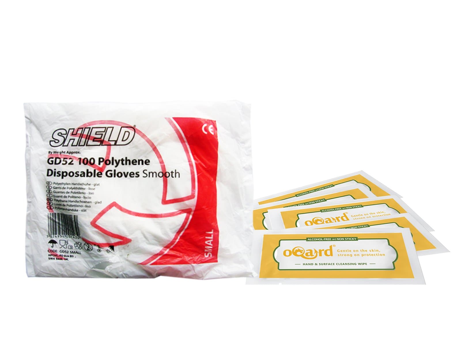 10 x 100 Shield Polythene Disposable Gloves, Smooth, Small with 5 x Oqard Antibacterial Wipes