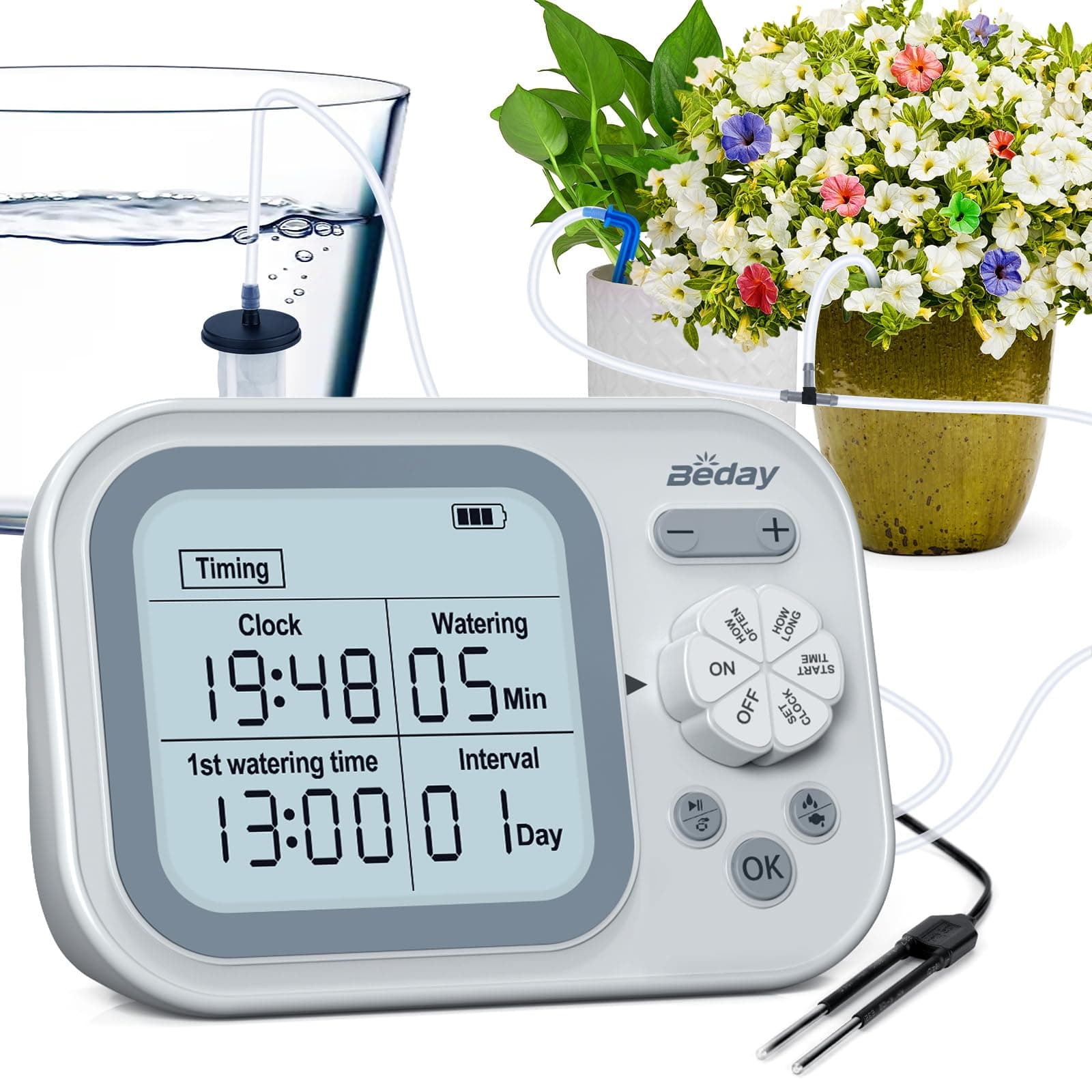 Beday Automatic Indoor Potted Plant Drip Irrigation Kit, Programmable Water Timer with Smart Humidity Detection, Plastic & Rubber, Style: Drip, Ideal for Up to 15 Pots