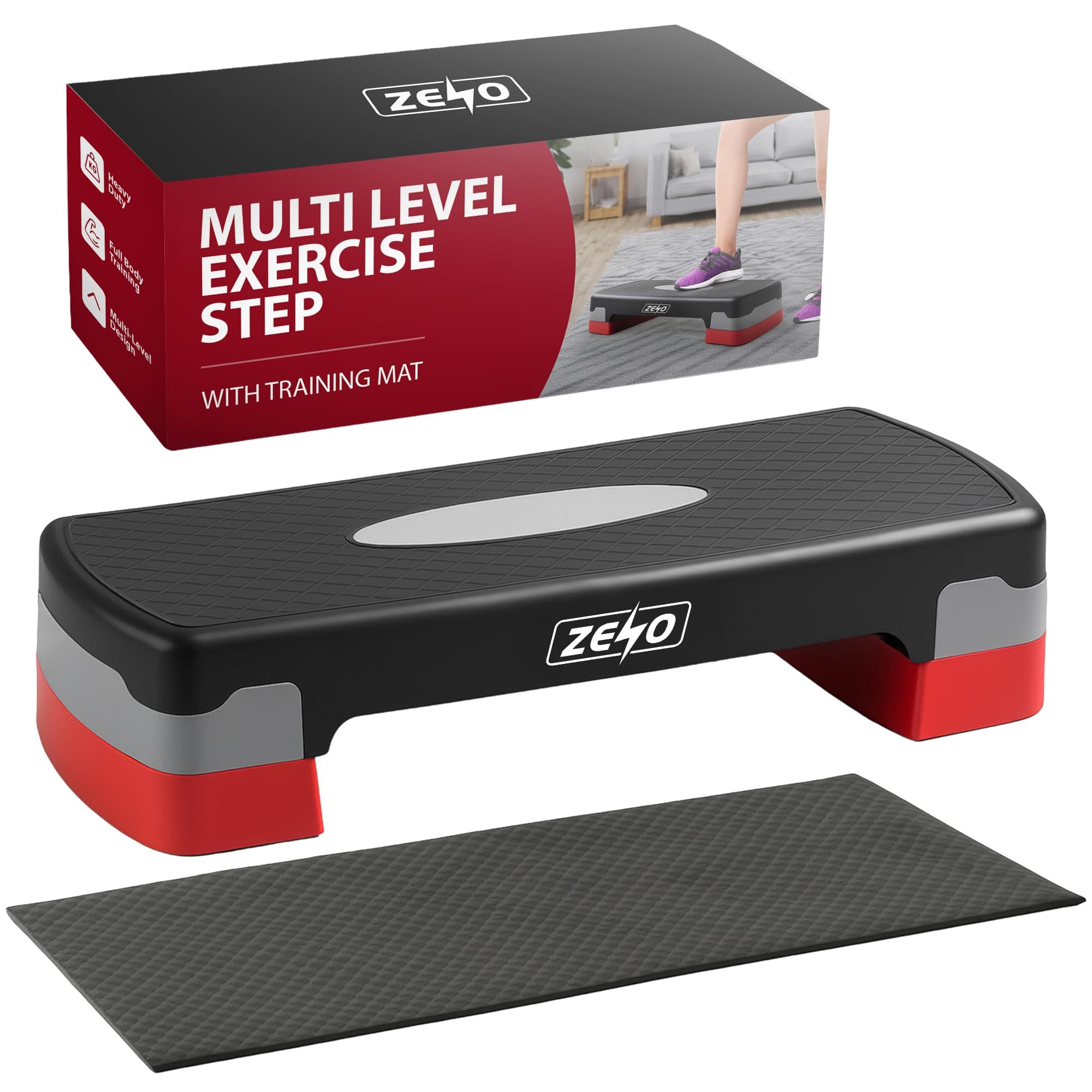 ZENO Exercise Step & Training Mat | Steppers for Exercise Workout | Adjustable Height 2 Levels Aerobic Step | 10cm and 15cm Cardio Exercise Stepper | Training Step for Home or Gym Workout Routines