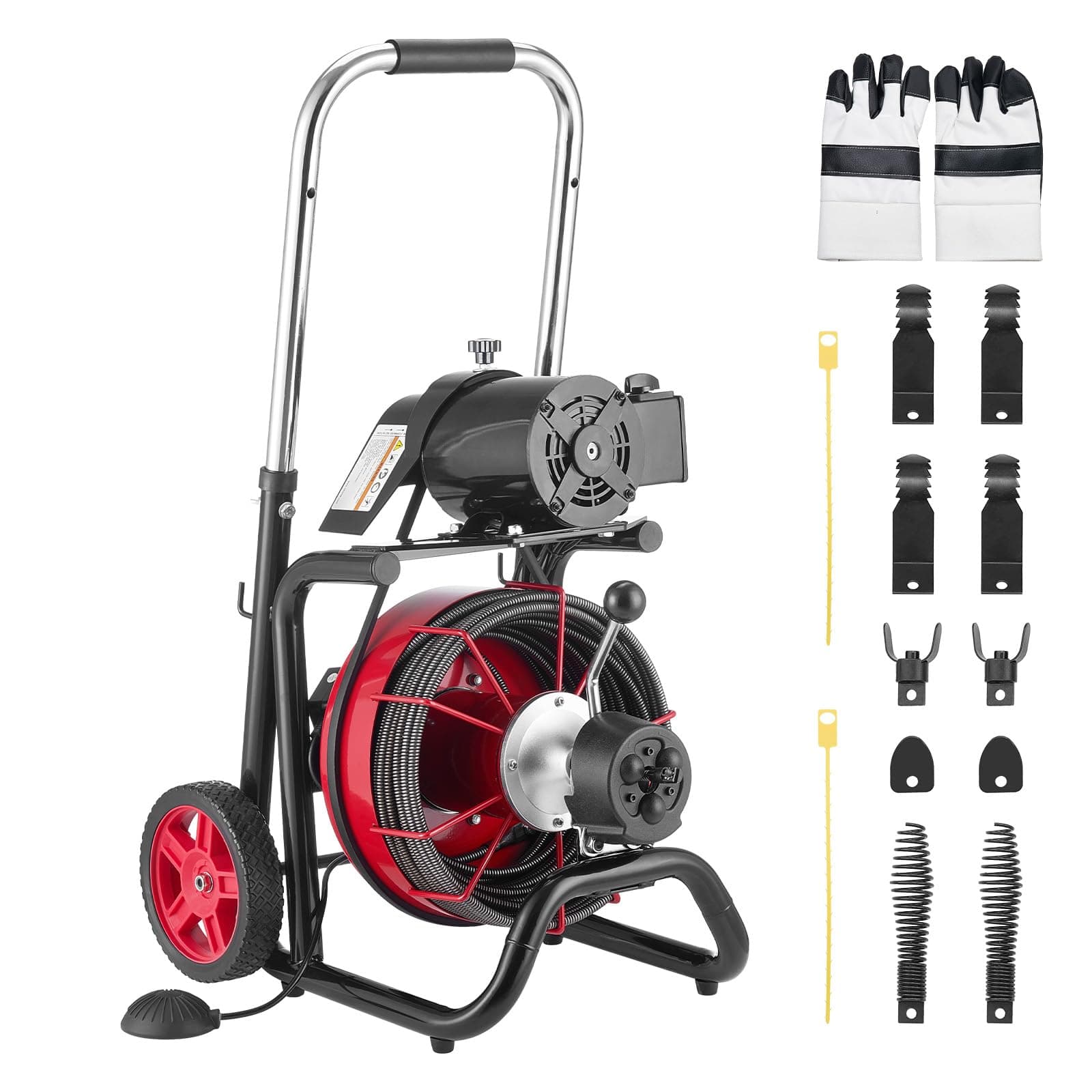 Drain Cleaner Machine 100FT x 3/8 Inch, Auto Feed Sewer Snake Auger on Wheels, 370W Portable Drain Cleaning Machine with 8 Cutters & Air-activated Foot Switch for 2" to 4" Pipes