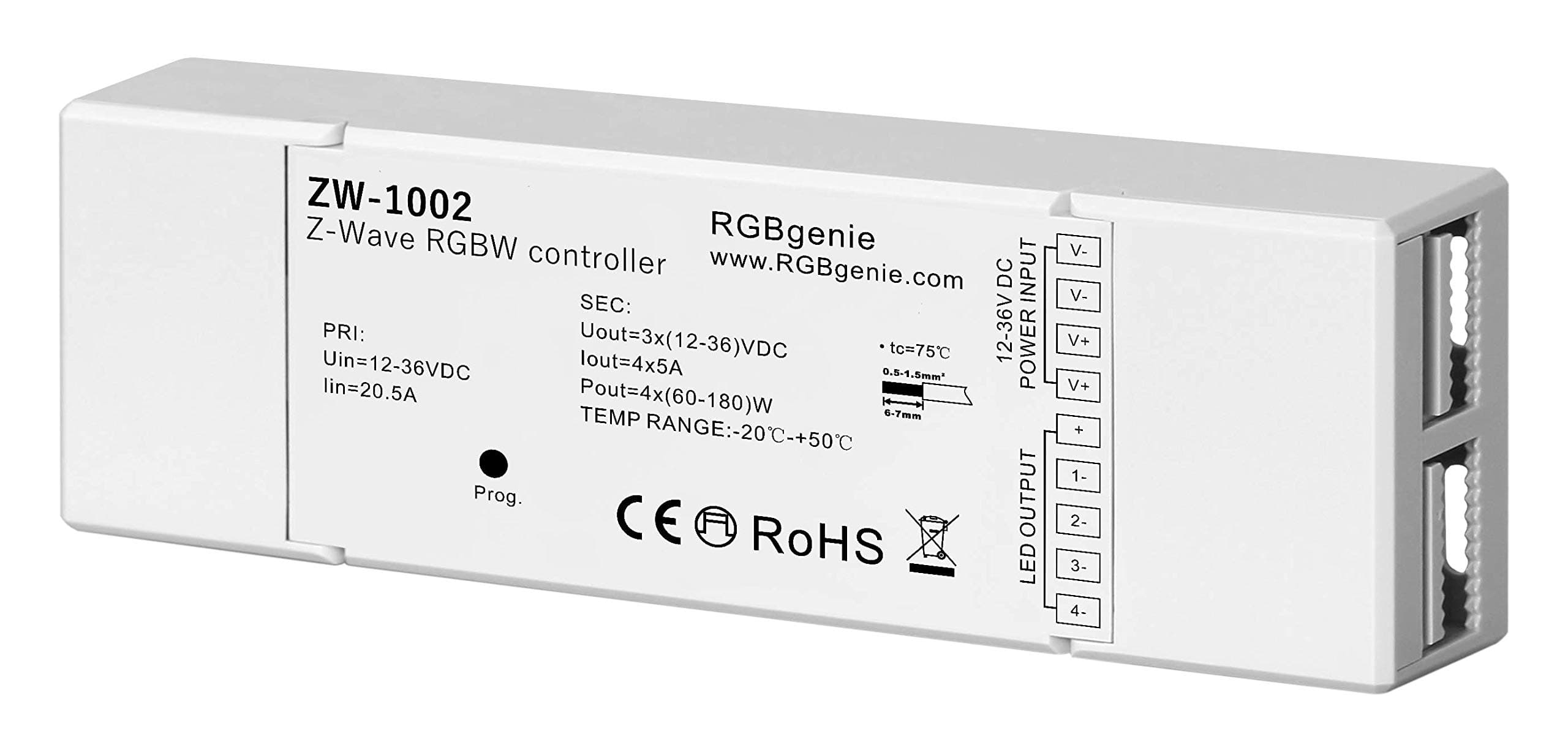 Z-Wave RGBW LED Controller for LED Strip Lights. Dimmer and Repeater, 4 Channels at 5 Amps Each, 720 Watts, RGBgenie ZW-1002