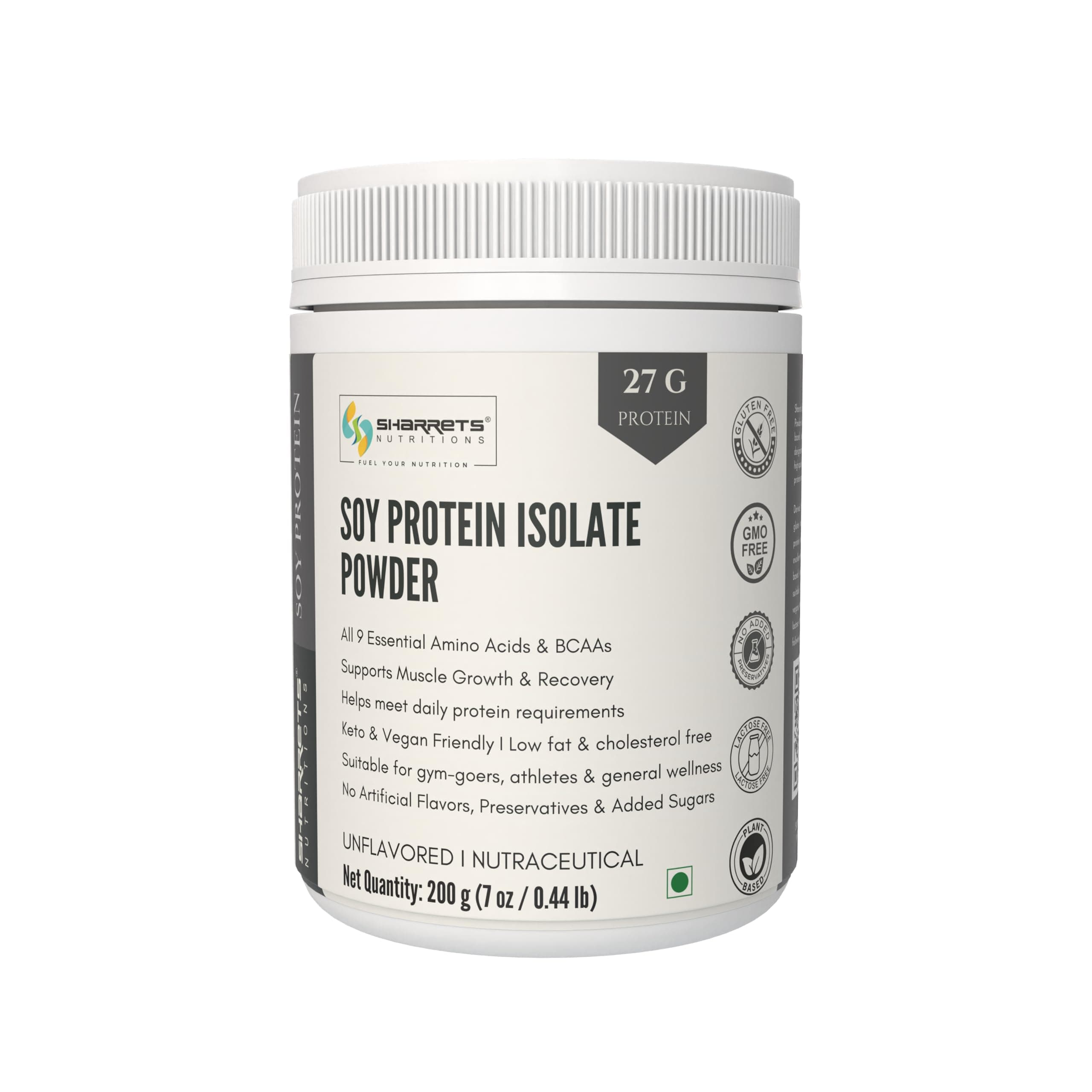 Sharrets Soy Protein Isolate Unflavored Powder 90%, 200g, for Beginners Athletes Men Women Gym Muscle gain