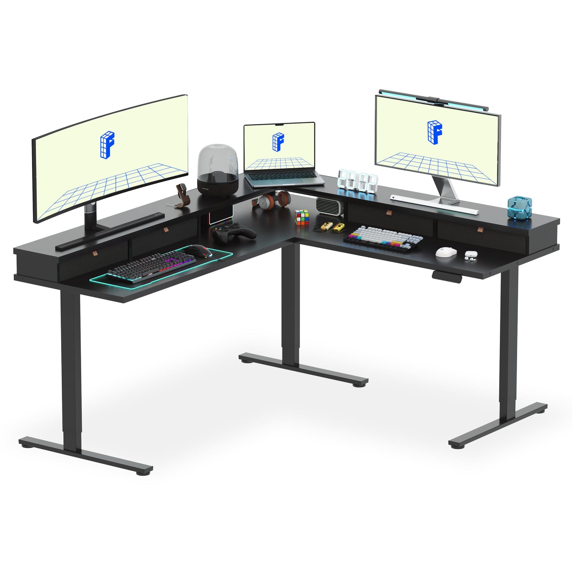 FLEXISPOT71'' Large L Shaped Standing Desk Electric Corner Table with Shelf, 4 Storage Drawers, Adjustable Computer Workstation for Home, Office, Game, Studio, Black Top + Black Frame