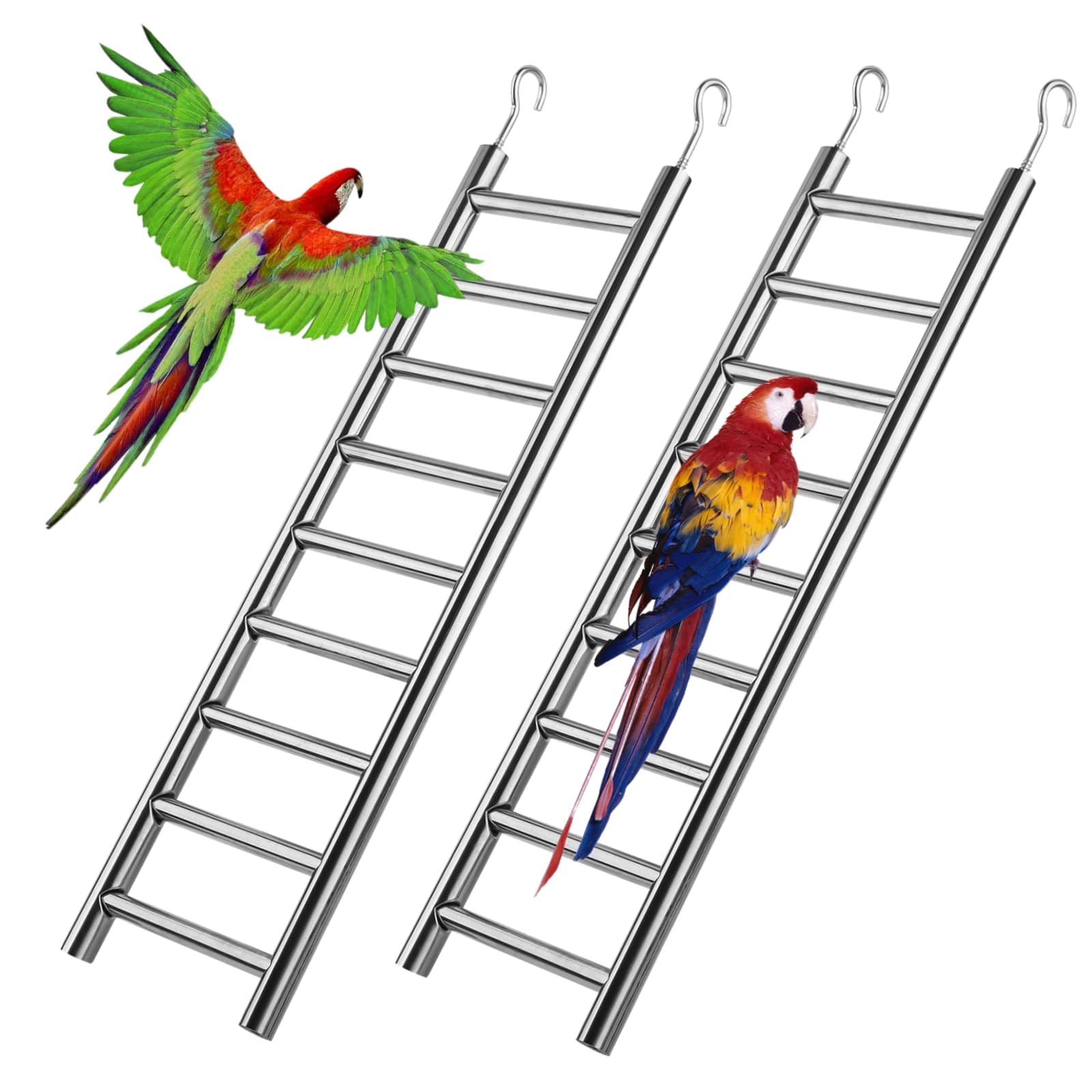 GEKMOR 2 PCS Parrot Ladders 9-Step Stainless Steel Rustproof Metal Nonskid Smooth Portable Bird Cage Ladder with Hooks Cockatiel Stand Ladder for Parrots Parakeets Cockatoos Lovebirds