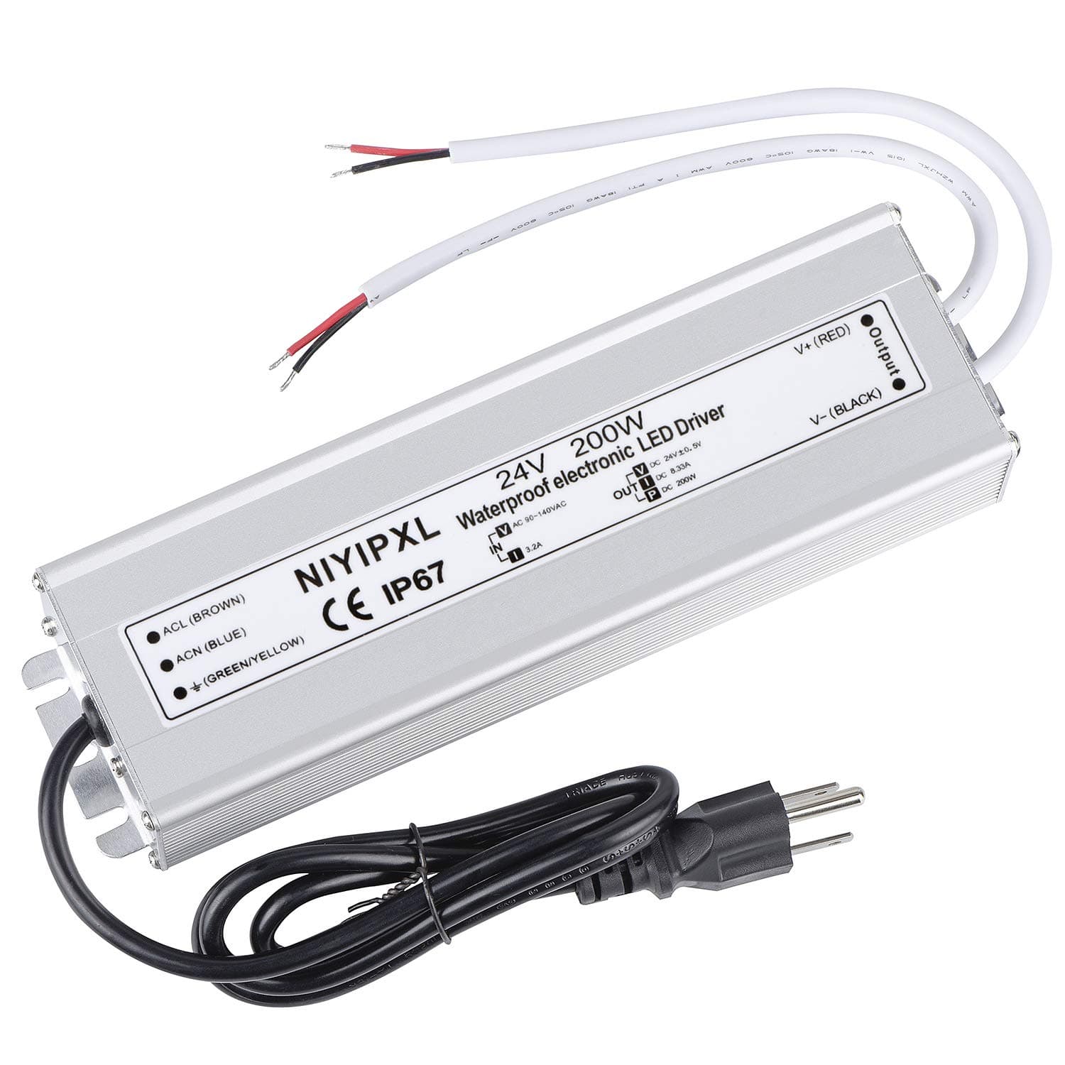 LED Driver 200 Watts 24V DC Low Voltage Transformer, Waterproof IP67 LED Power Supply, Adapter with 3-Prong Plug 3.3 Feet Cable for Any 24V DC led Lights, Computer Project, Outdoor Light