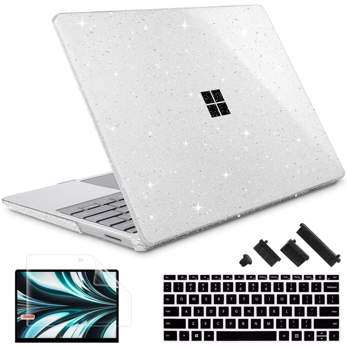 May Chen Case Compatible for 13.5" Microsoft Surface Laptop 5/4/3 with Metal Palm Rest Model 1951/1868, Plastic Hard Shell Case with Screen Protector + Keyboard Cover + Dust Plug, Clear Glitter