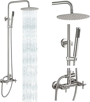 Outdoor Shower Fixtures SUS304 Stainless Steel Rain Shower Kit Faucet High Pressure Wall Mount 2 Dual Function 8 Inch Showerhead and Handheld Spray Combo, Double Cross Handle, Brushed Nickel