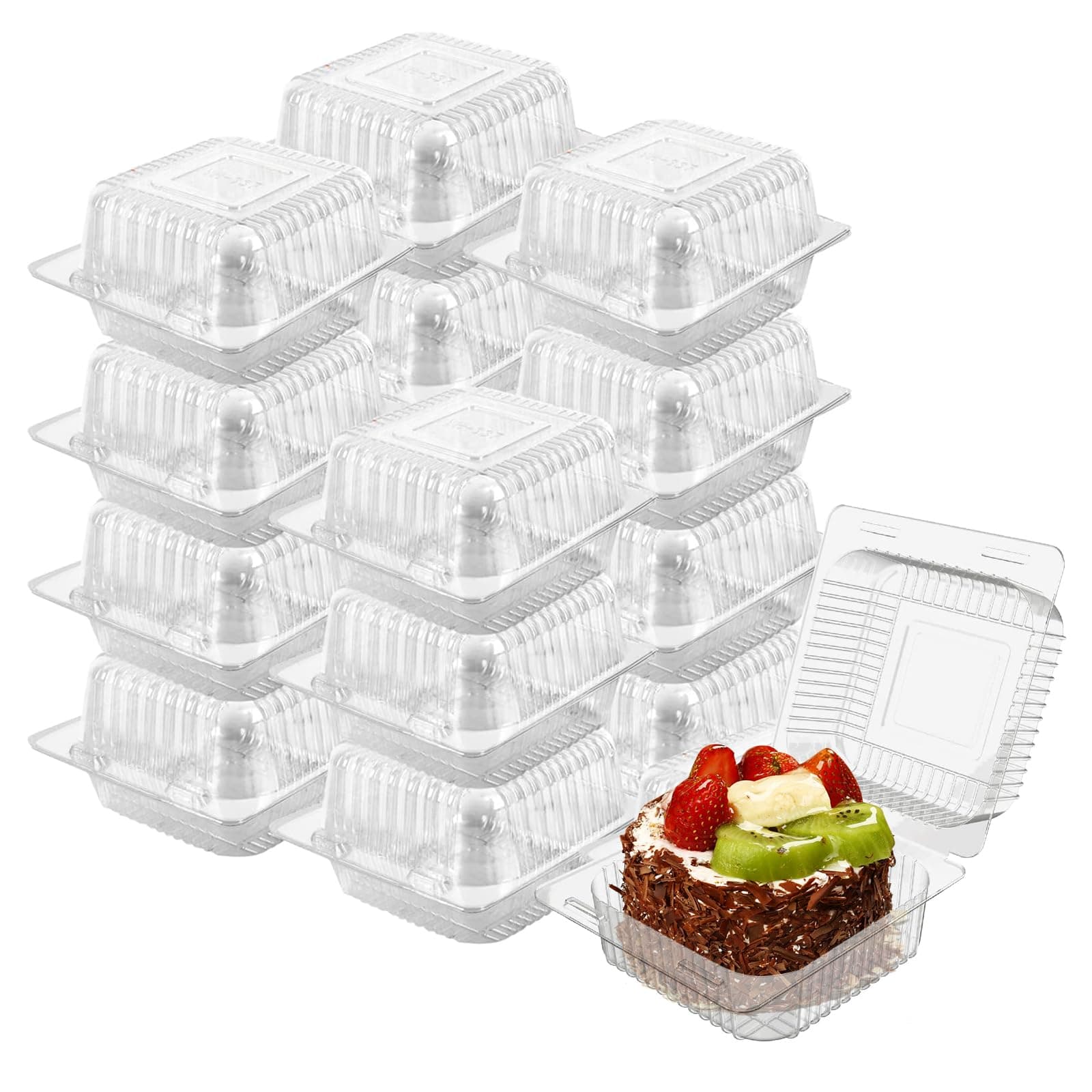 Cake Slice Containers,100PC Square Plastic Hinged Food Container Individual Clamshell Food Containers Disposable Plastic To Go Containers Takeout Tray for Salads, Pasta, Sandwiches 5.3x4.7x2.8 Inch