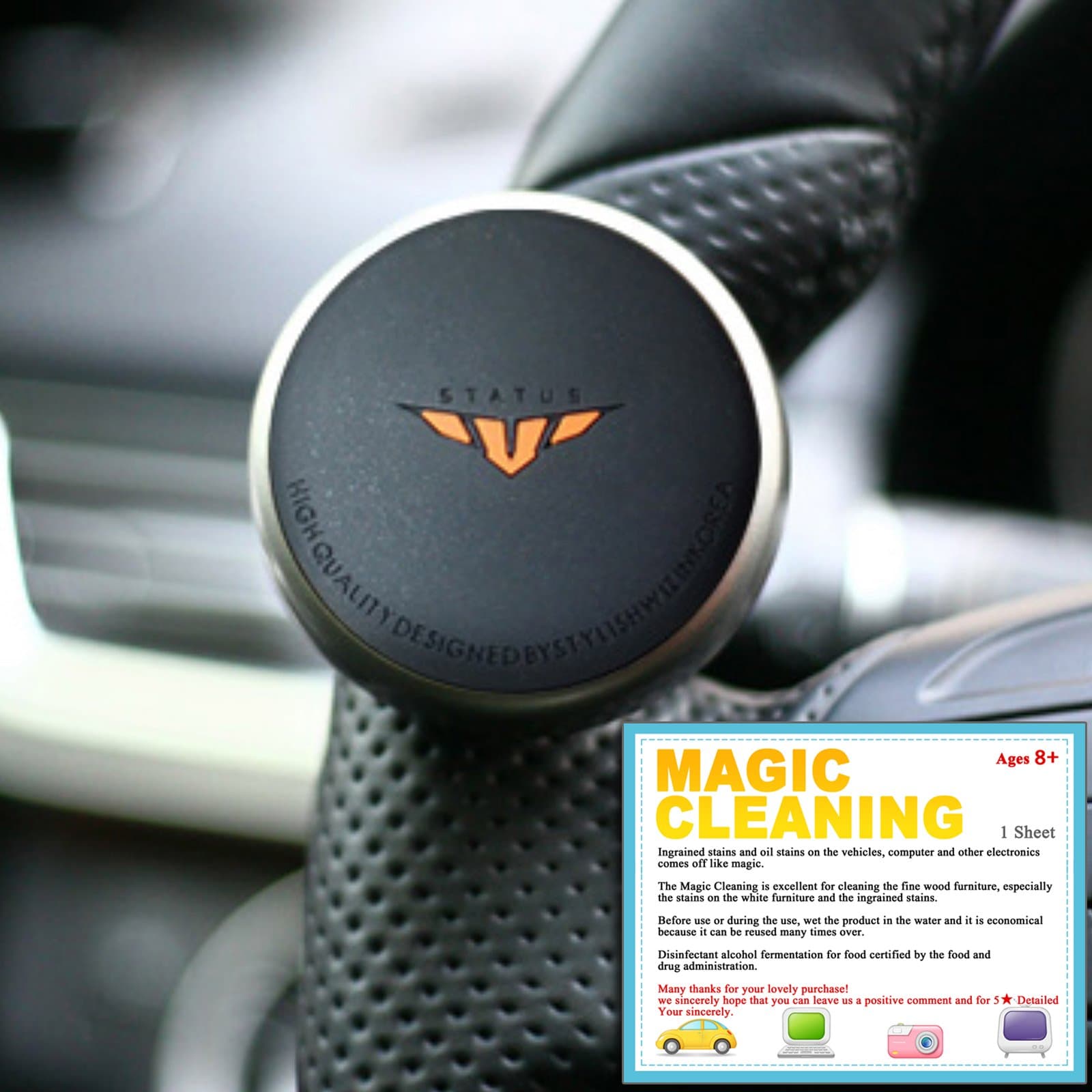 STATUS MINI &amp; STAR Power Handle Steering Wheel Spinner Knob (Black)