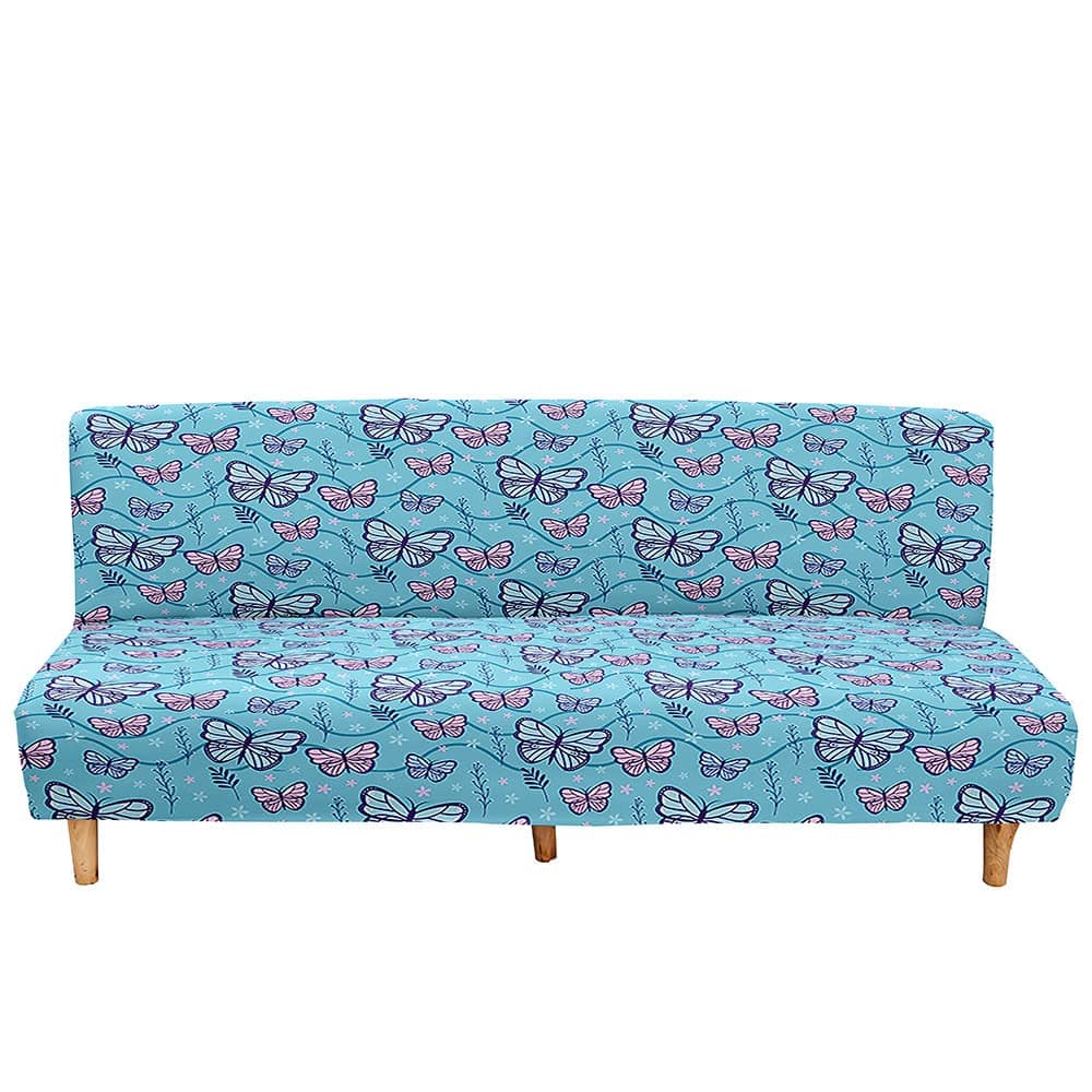 Mateju Armless Sofa Bed Cover, Butterfly Pattern Folding Sofa Bed without Armrests, Non Slip Stretch Futon Slipcover Protector for 2-3 Seater, Washable Couch Bed Slipcovers (blue,160-190cm)